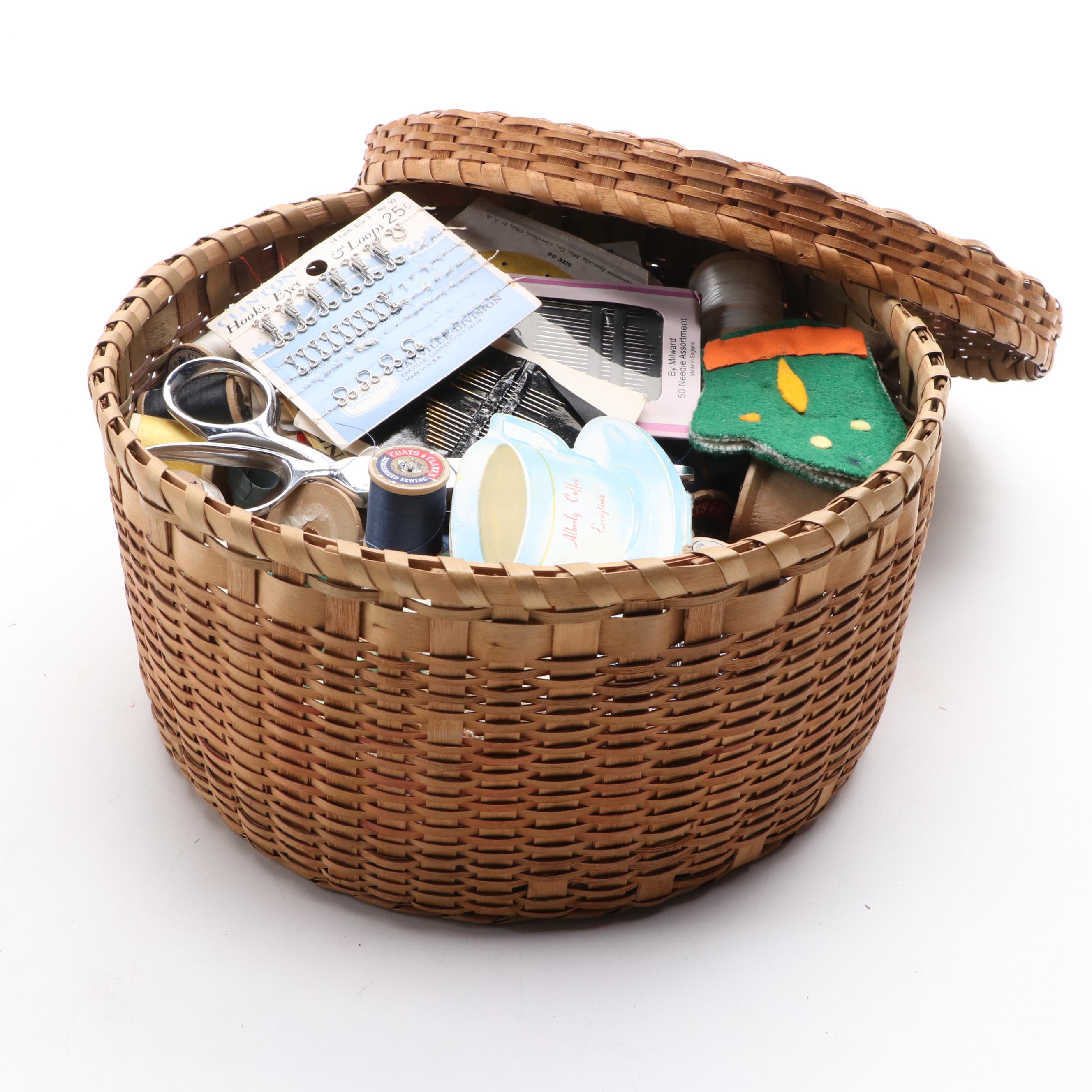 Woven Sewing Basket with Various Threads, Needles, Scissors and More