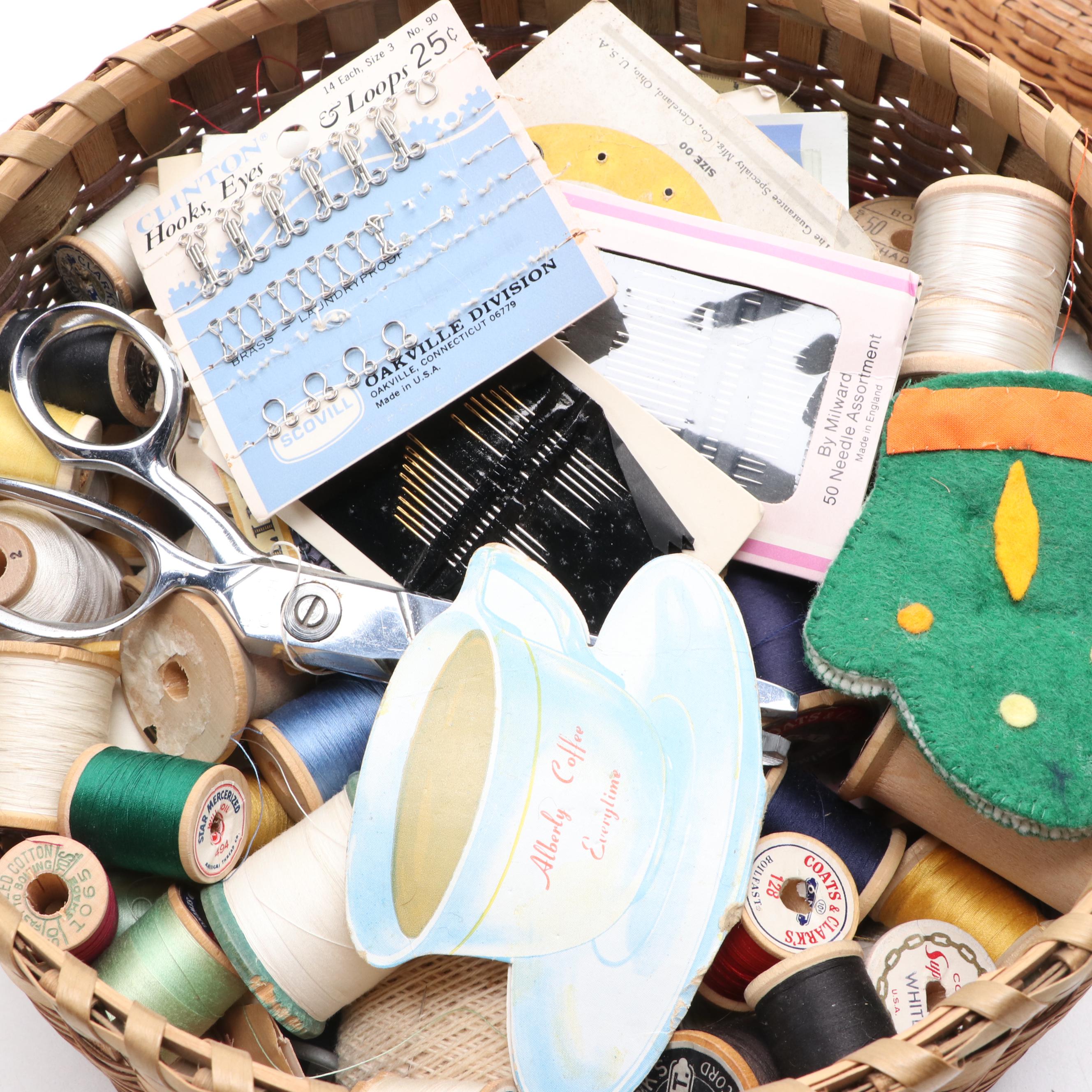 Woven Sewing Basket with Various Threads, Needles, Scissors and More