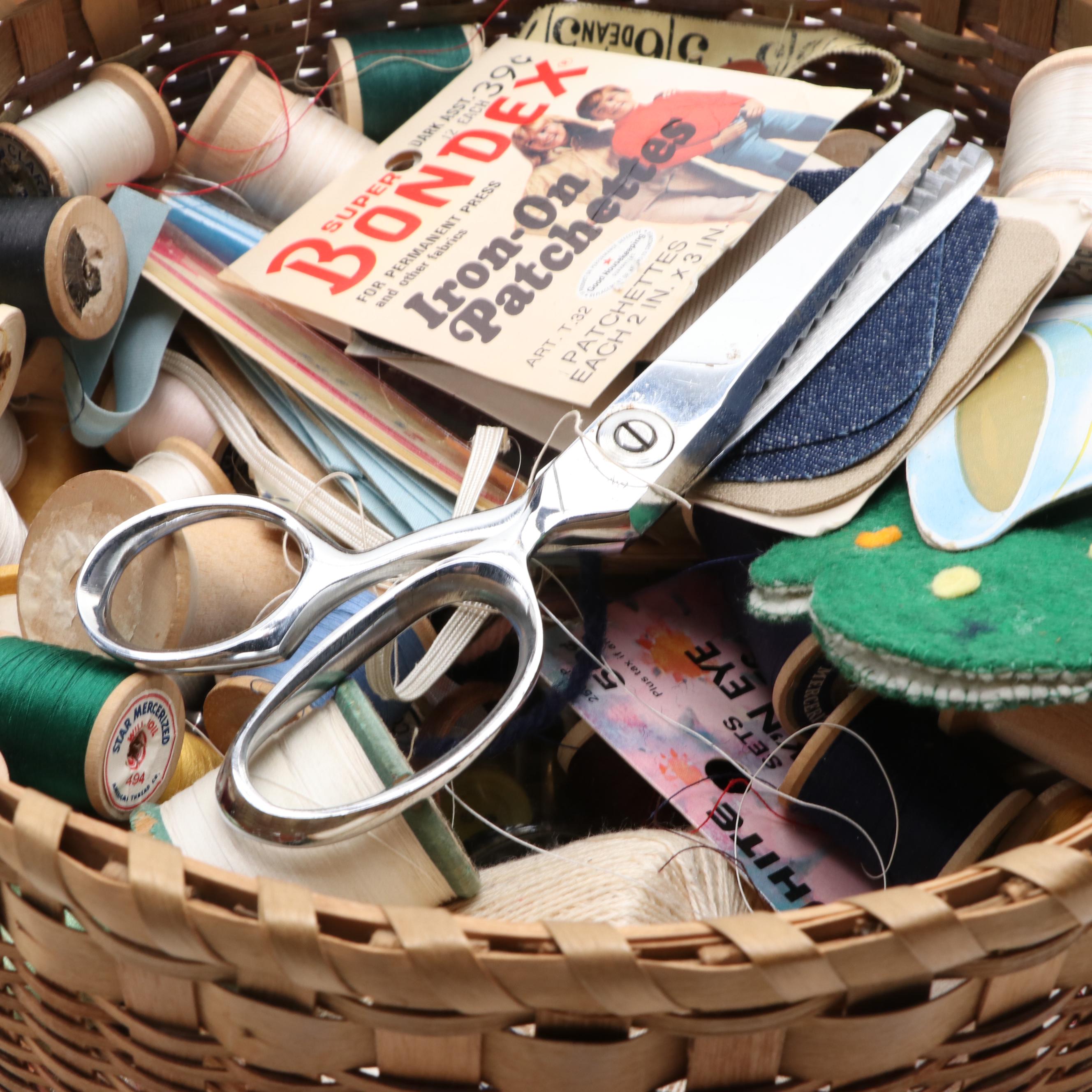 Woven Sewing Basket with Various Threads, Needles, Scissors and More