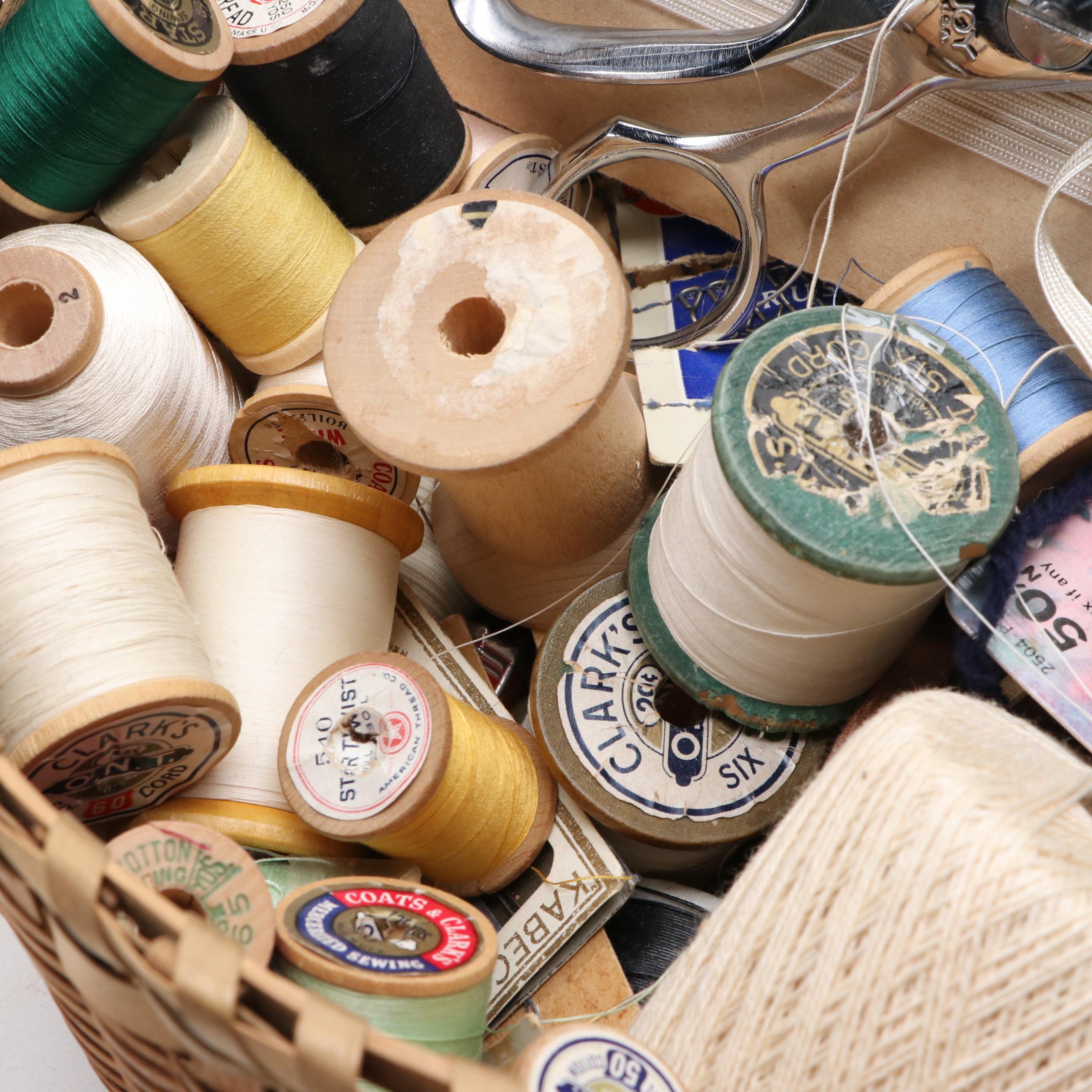 Woven Sewing Basket with Various Threads, Needles, Scissors and More