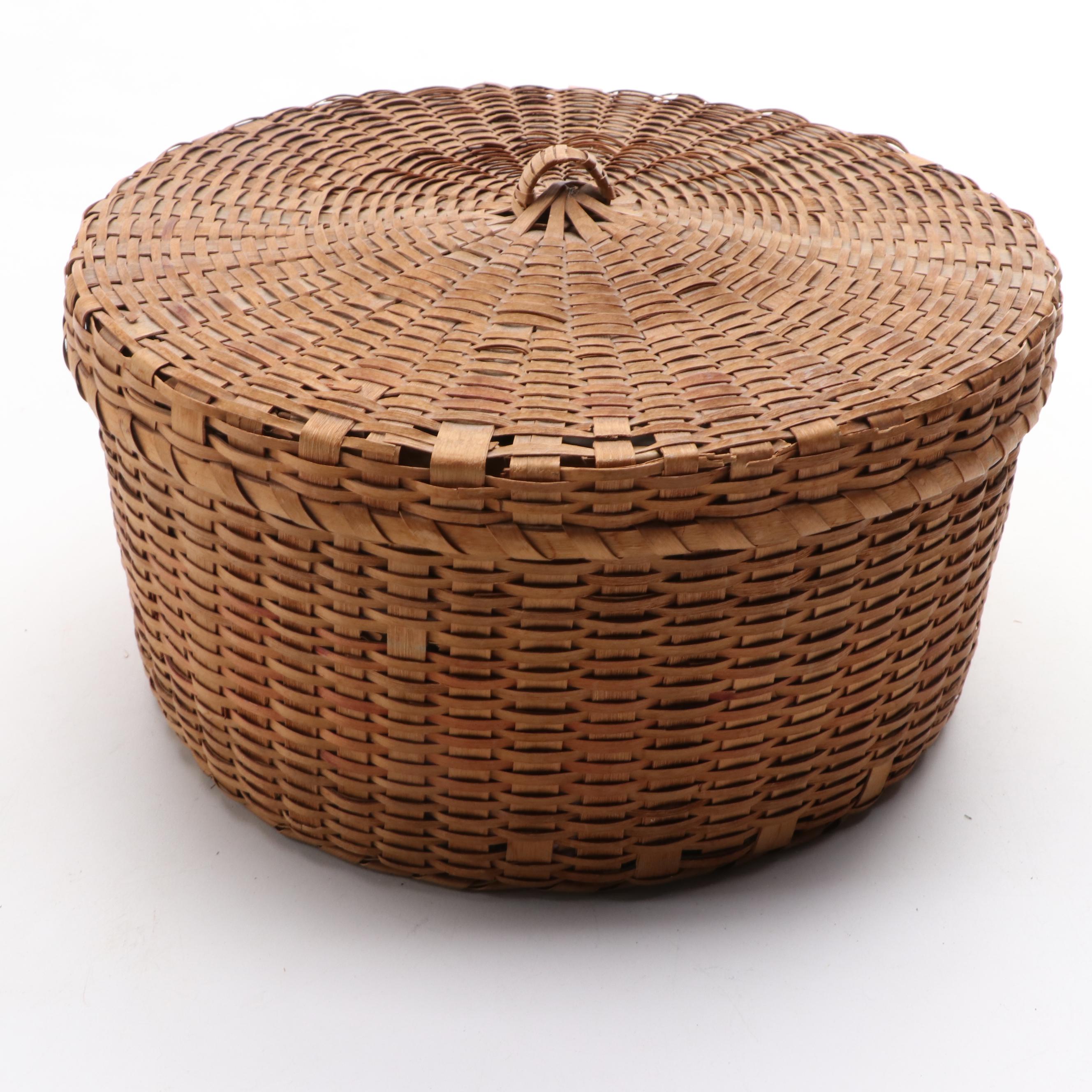 Woven Sewing Basket with Various Threads, Needles, Scissors and More