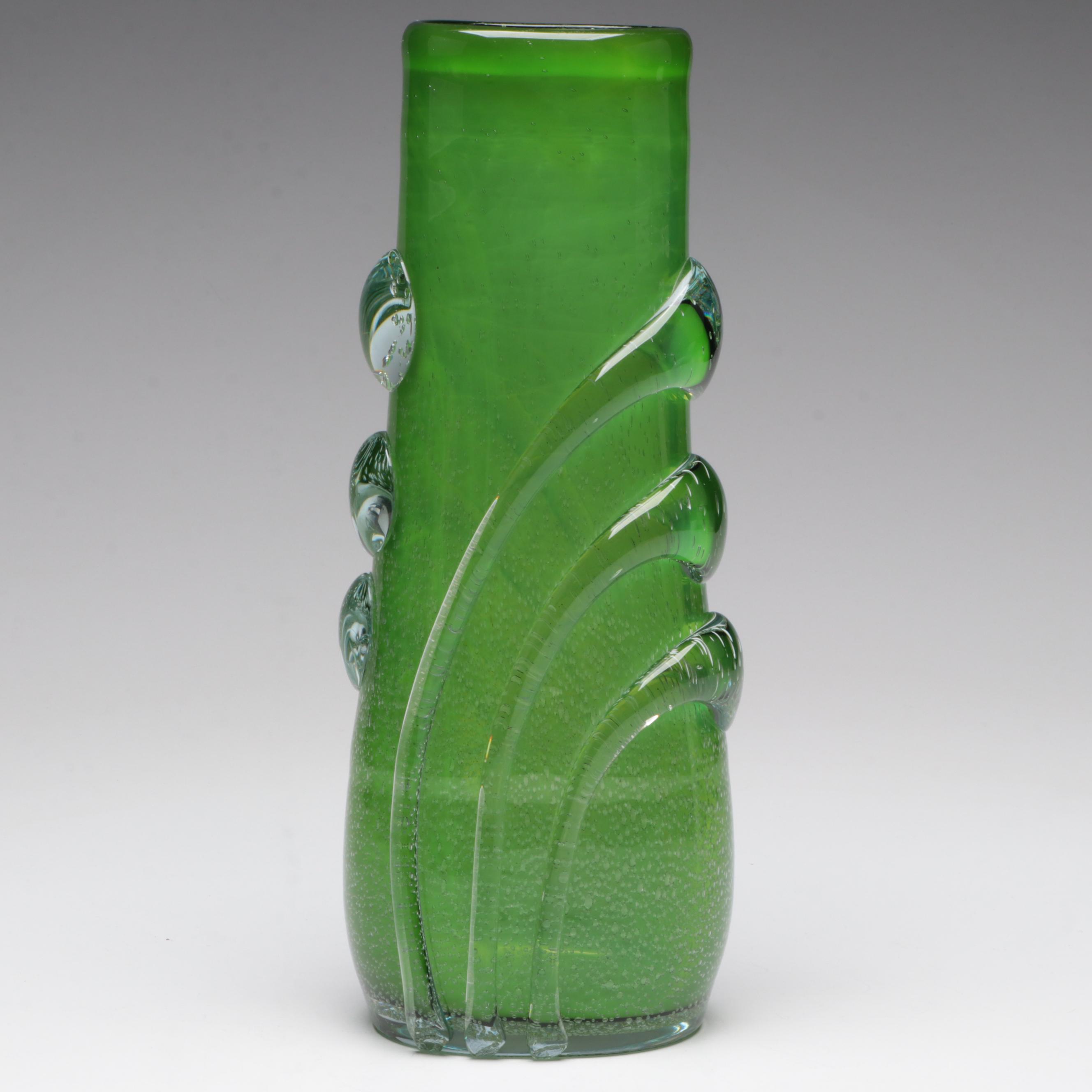 Handblown Green Art Glass Vase with Applied Trails