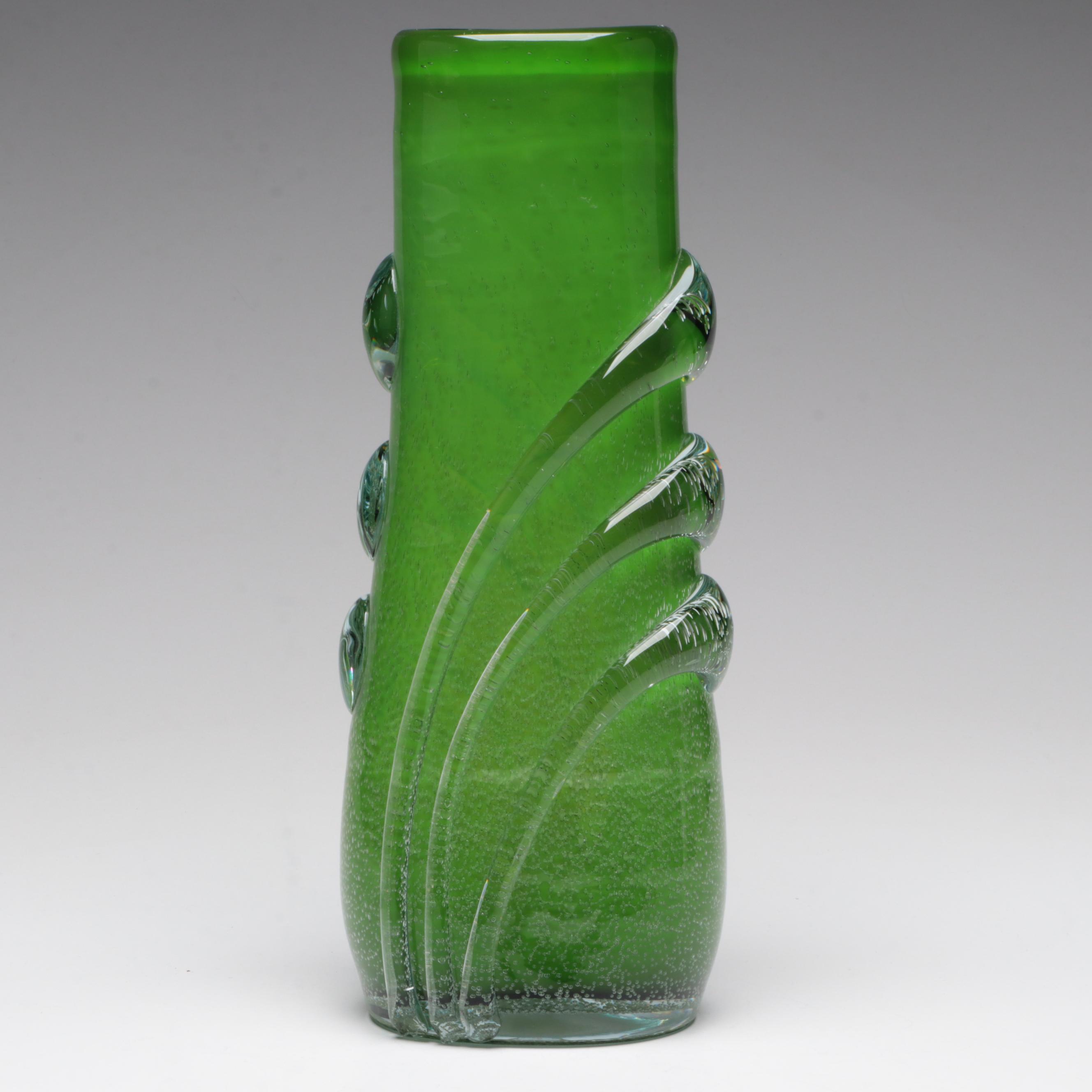 Handblown Green Art Glass Vase with Applied Trails