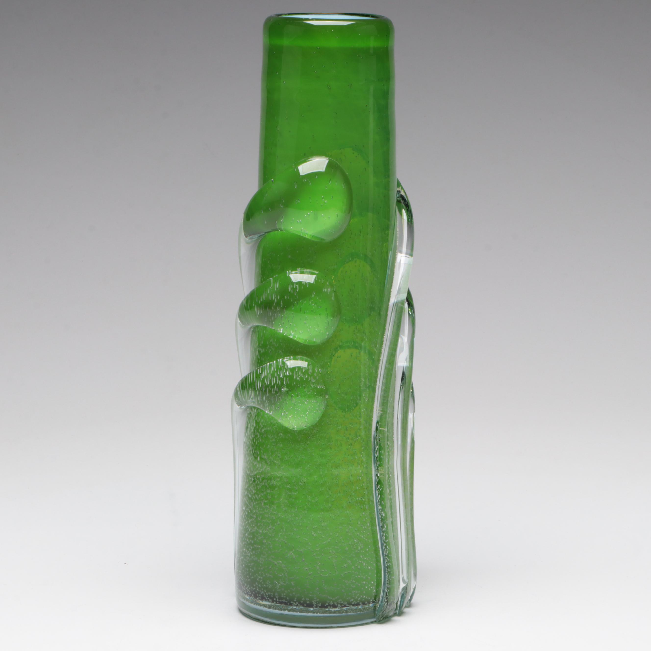 Handblown Green Art Glass Vase with Applied Trails