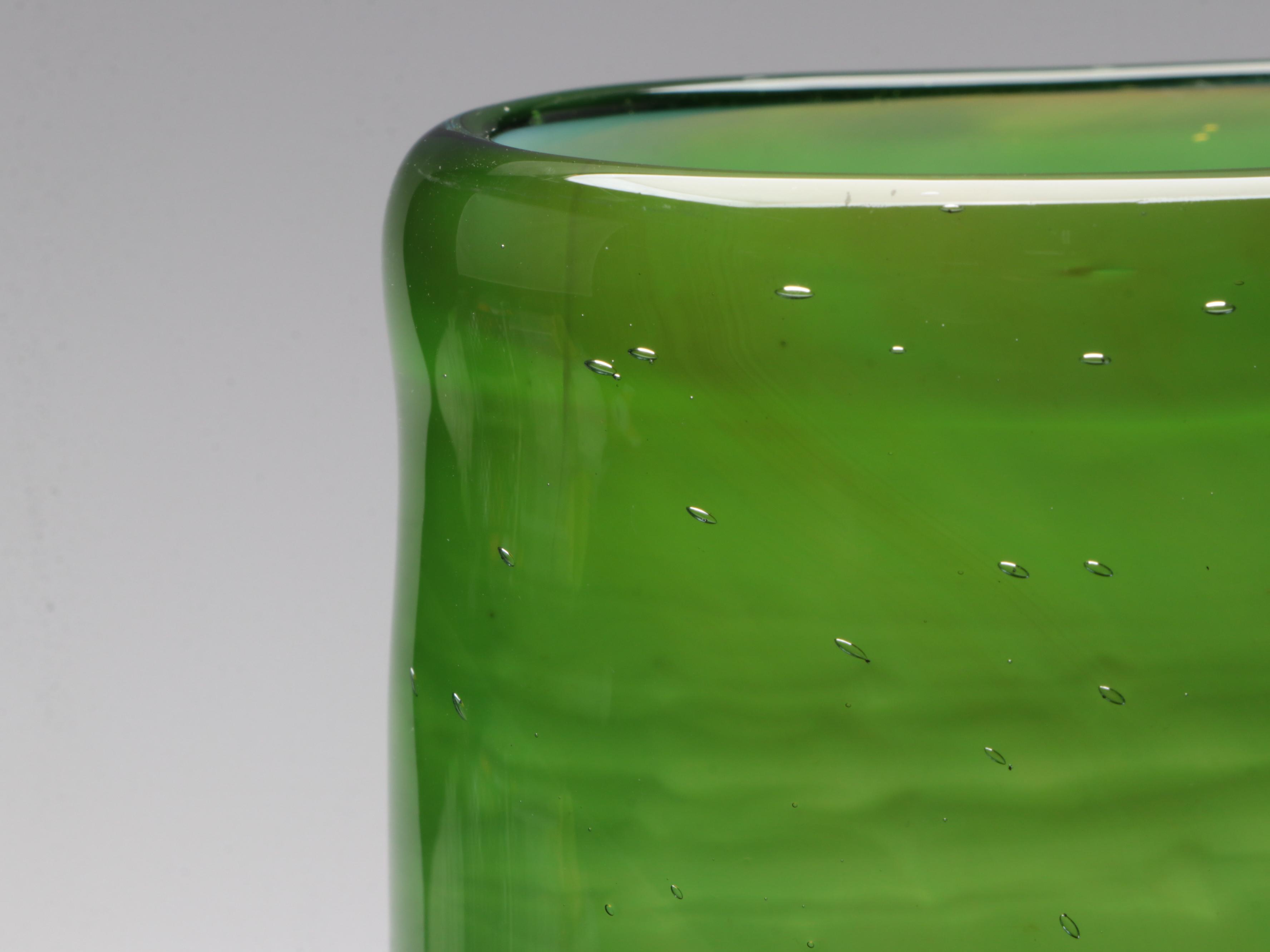 Handblown Green Art Glass Vase with Applied Trails