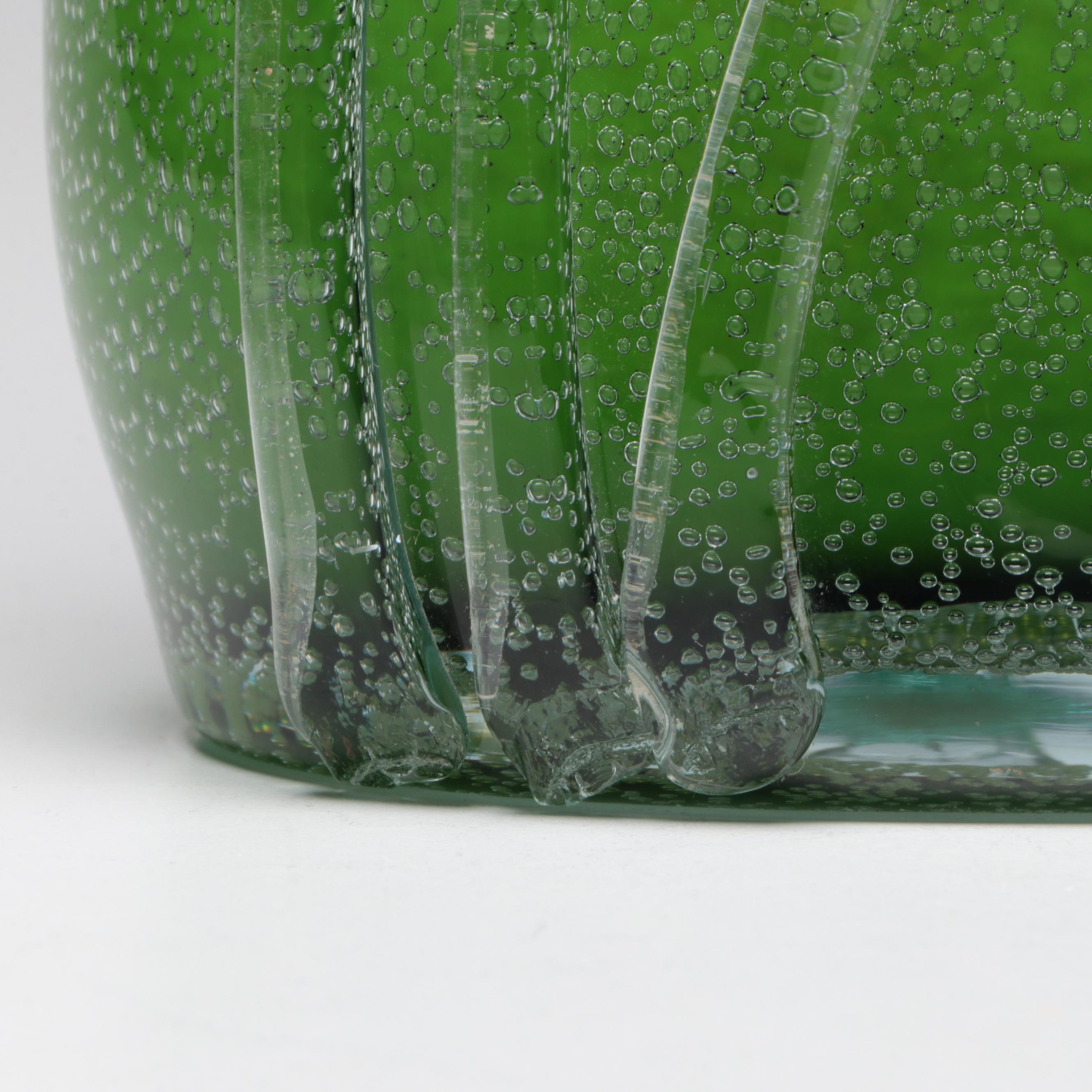 Handblown Green Art Glass Vase with Applied Trails