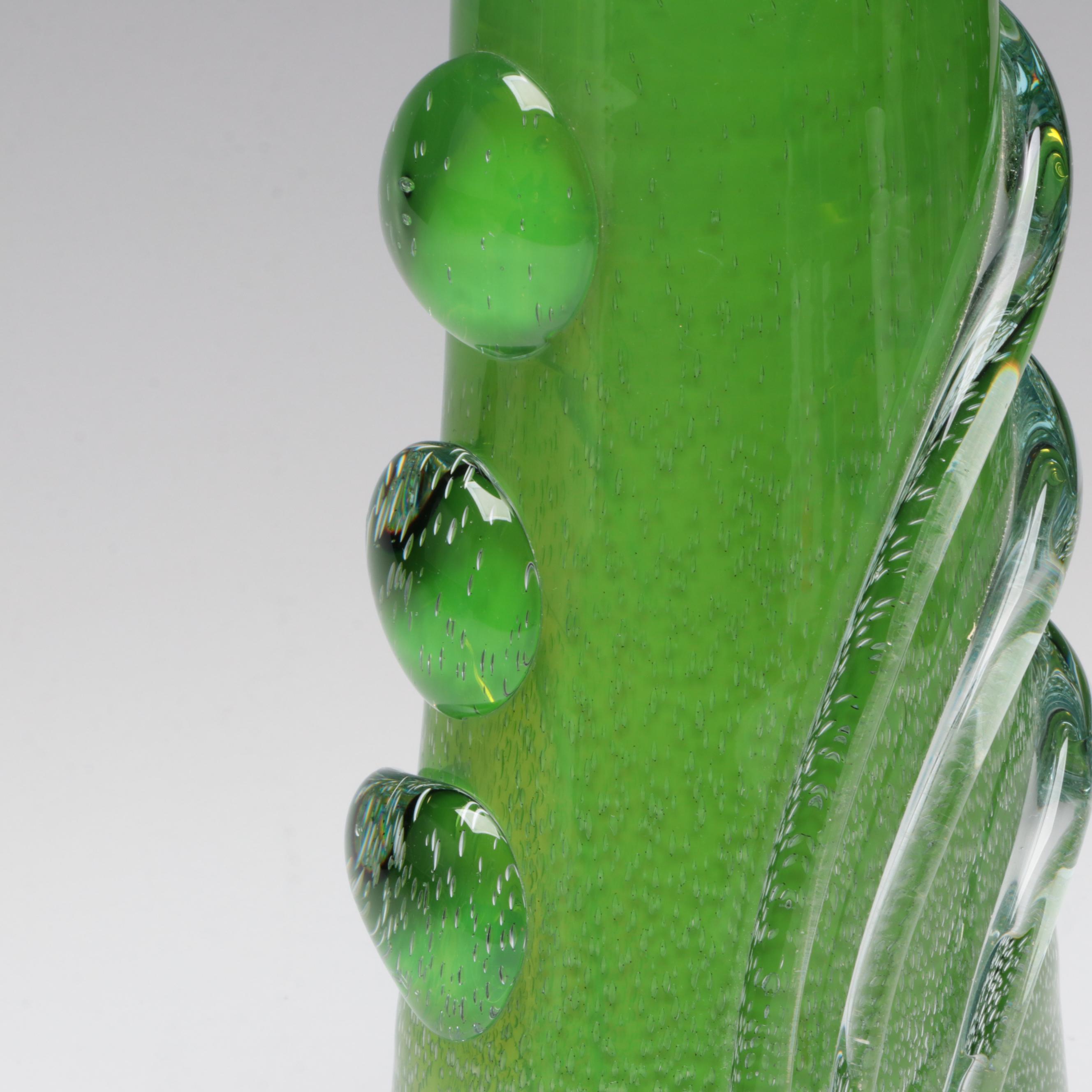 Handblown Green Art Glass Vase with Applied Trails