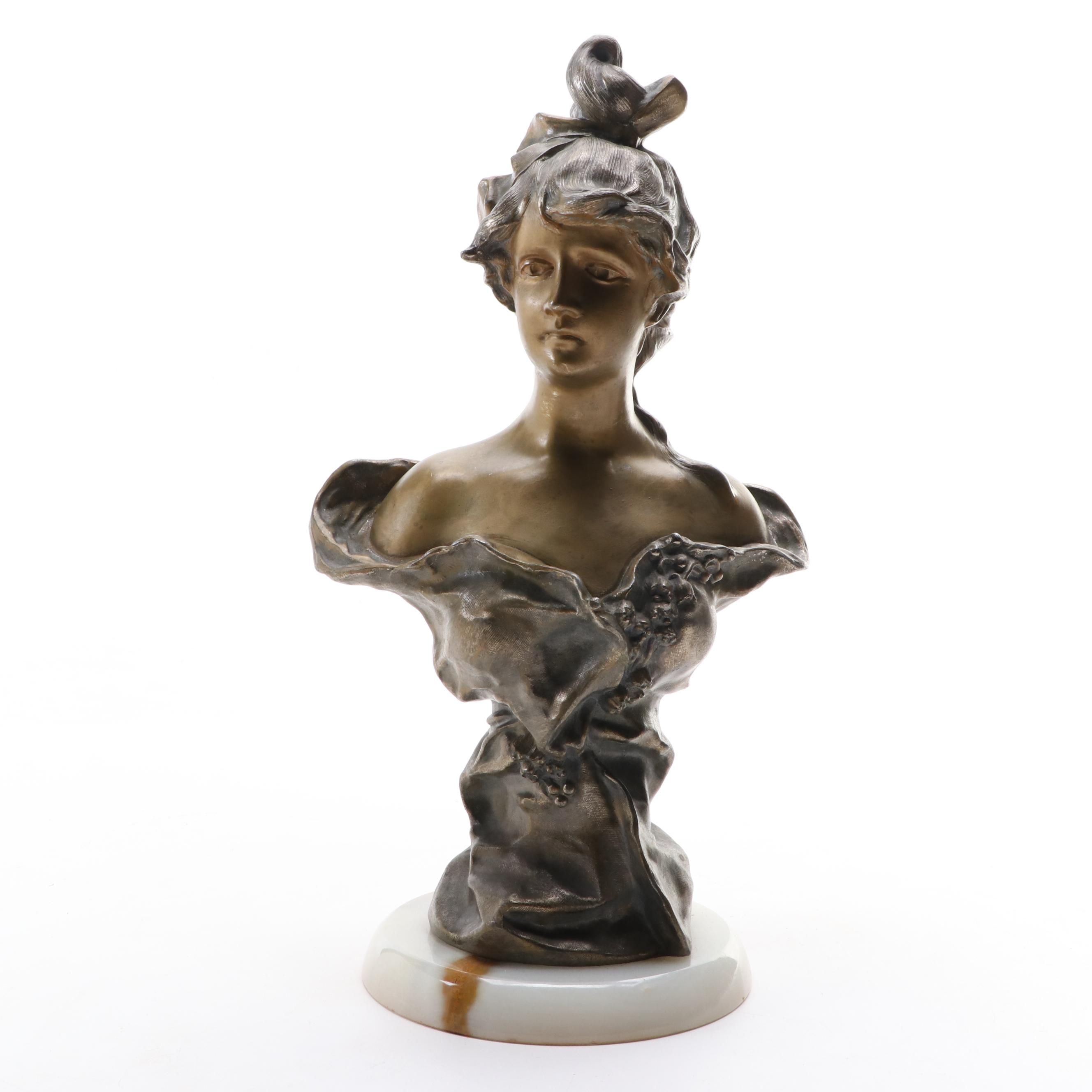 Victorian Brass-Patinated Metal Bust on Stone Base