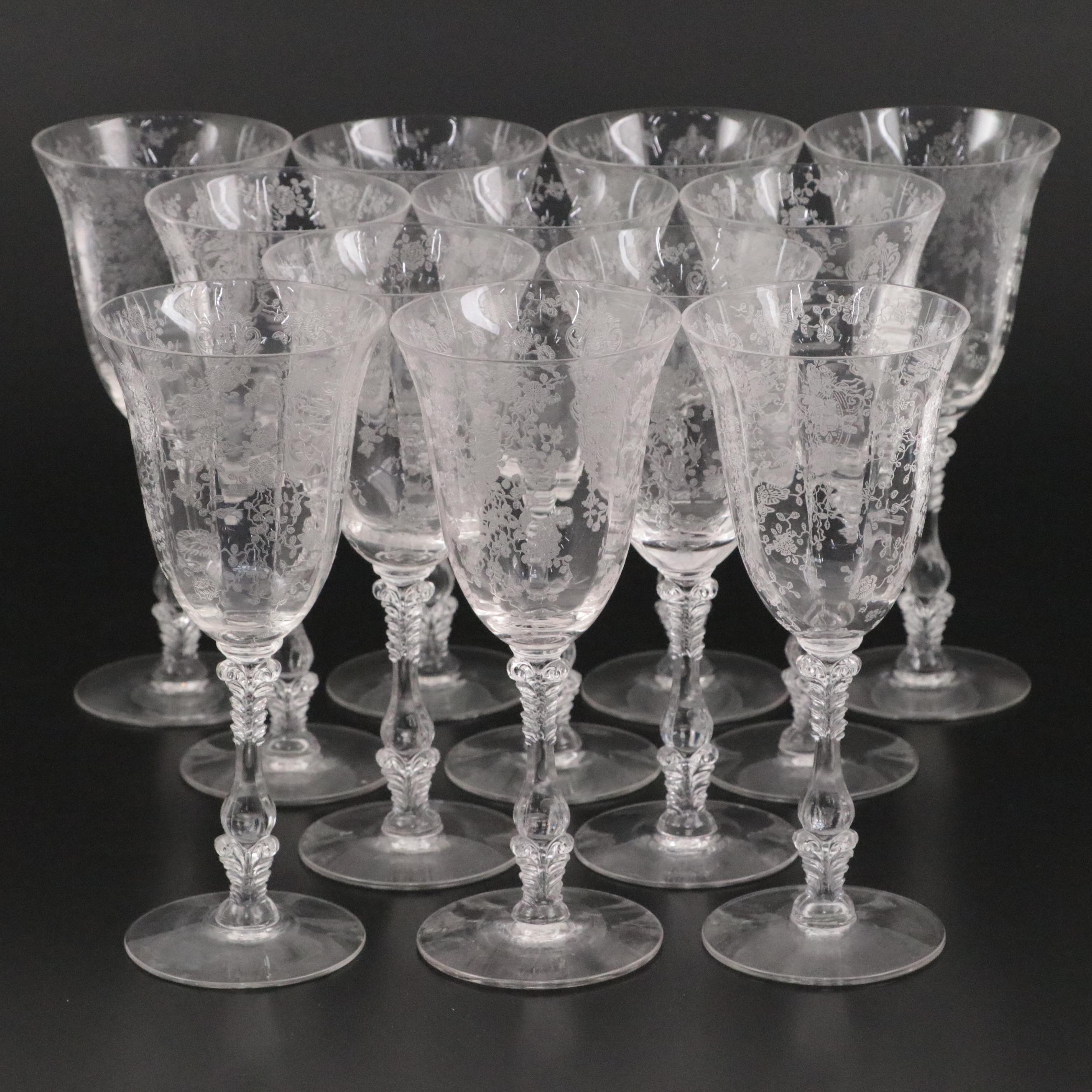 Floral Etched Glass Stemware, Set of Twelve