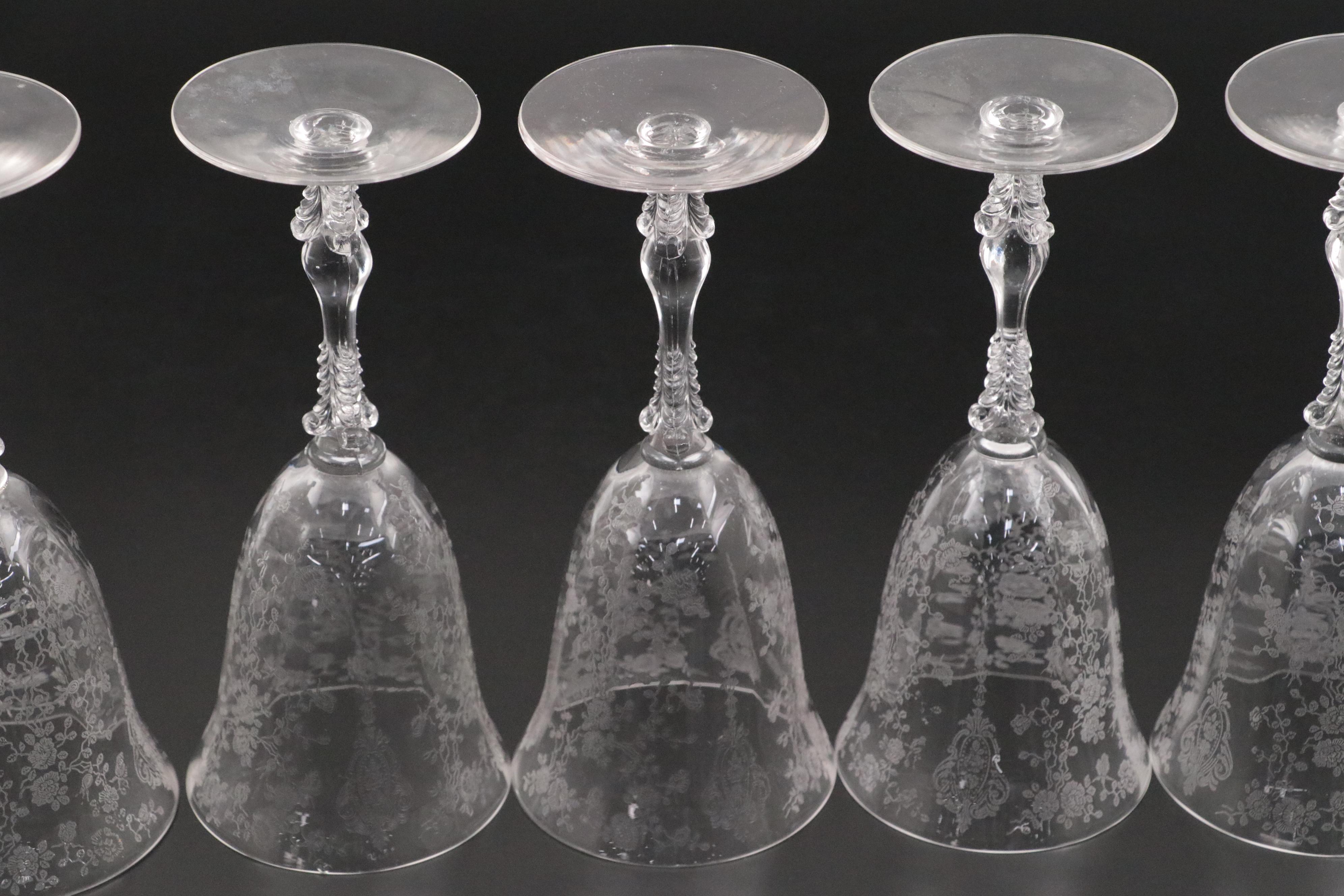 Floral Etched Glass Stemware, Set of Twelve