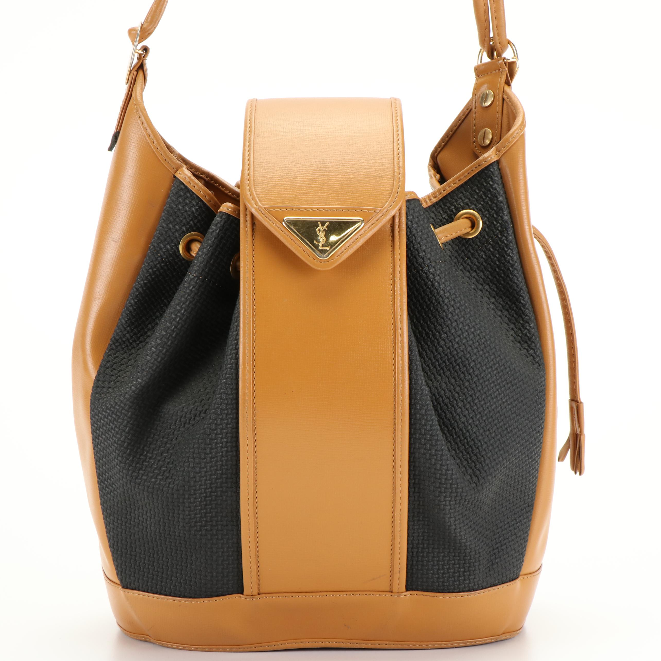 Yves Saint Laurent Bucket Bag in Tan Leather and  Gray Fabric