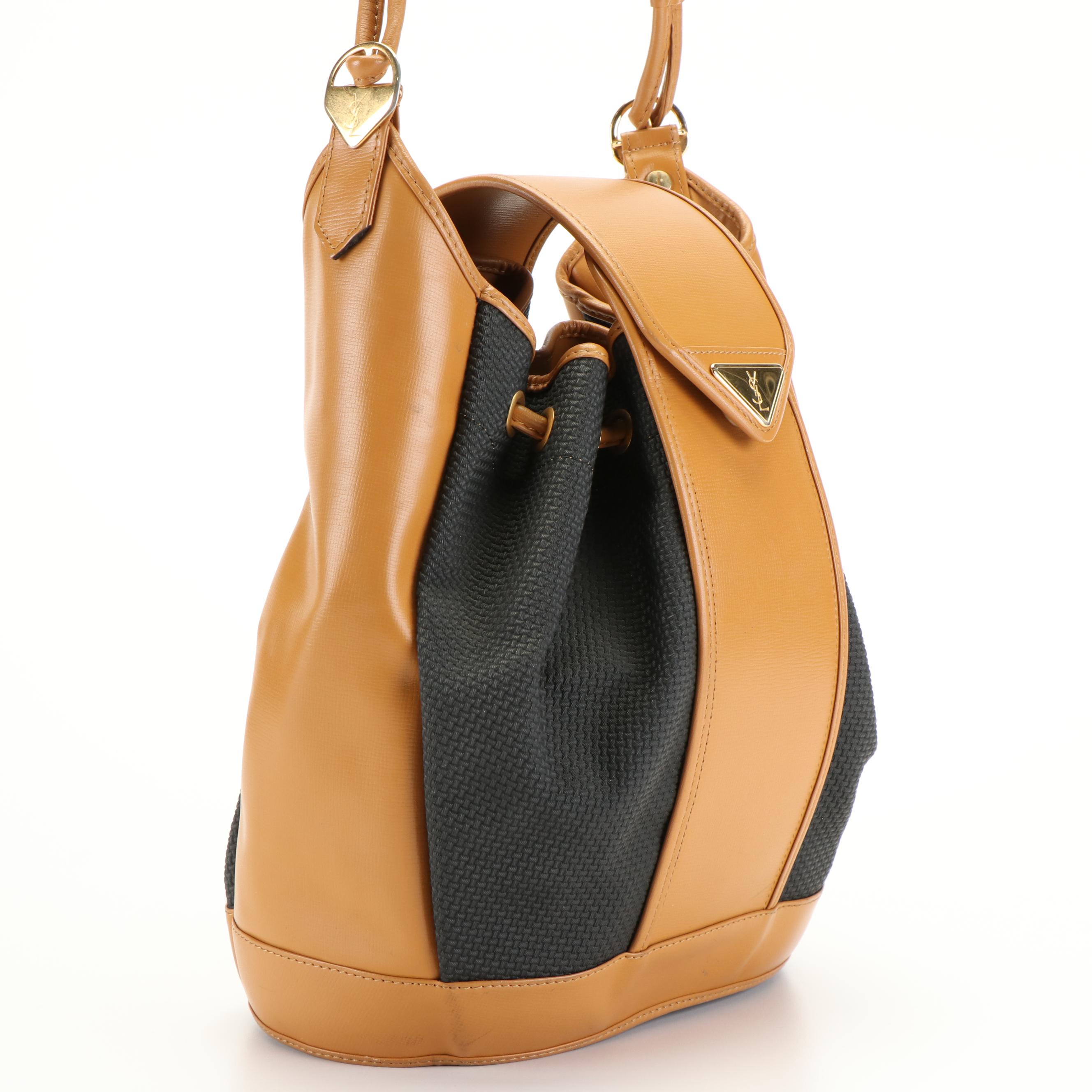 Yves Saint Laurent Bucket Bag in Tan Leather and  Gray Fabric