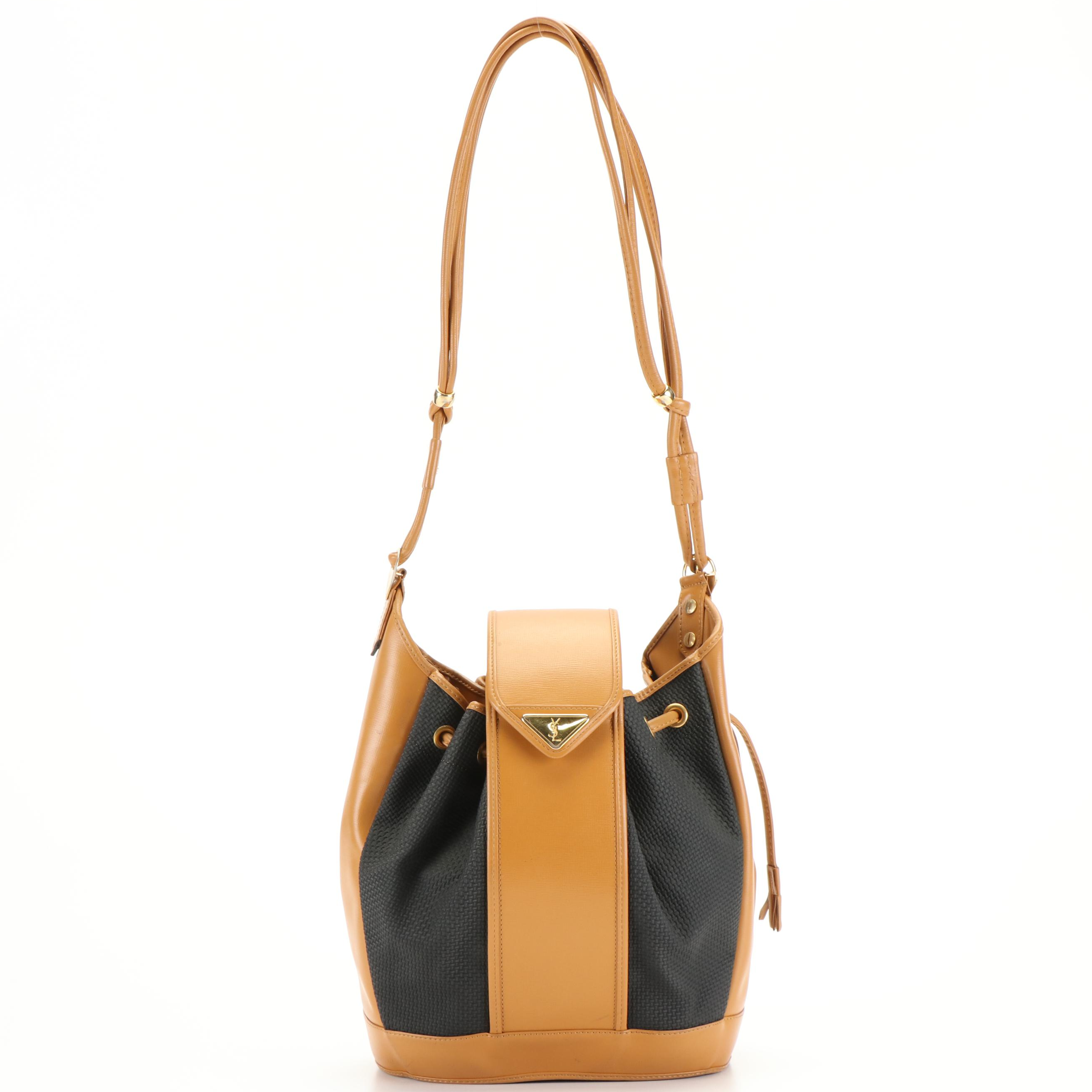 Yves Saint Laurent Bucket Bag in Tan Leather and  Gray Fabric
