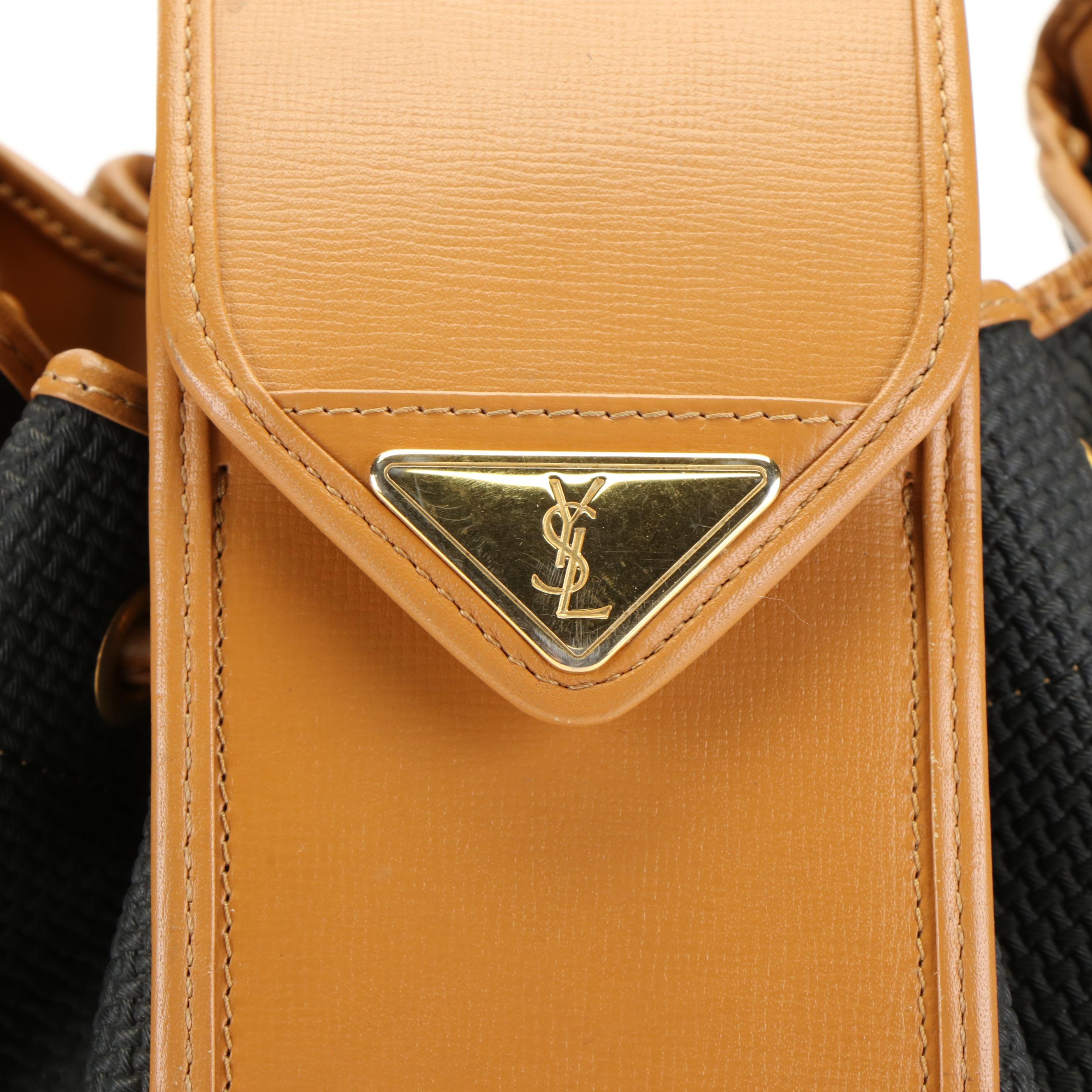 Yves Saint Laurent Bucket Bag in Tan Leather and  Gray Fabric