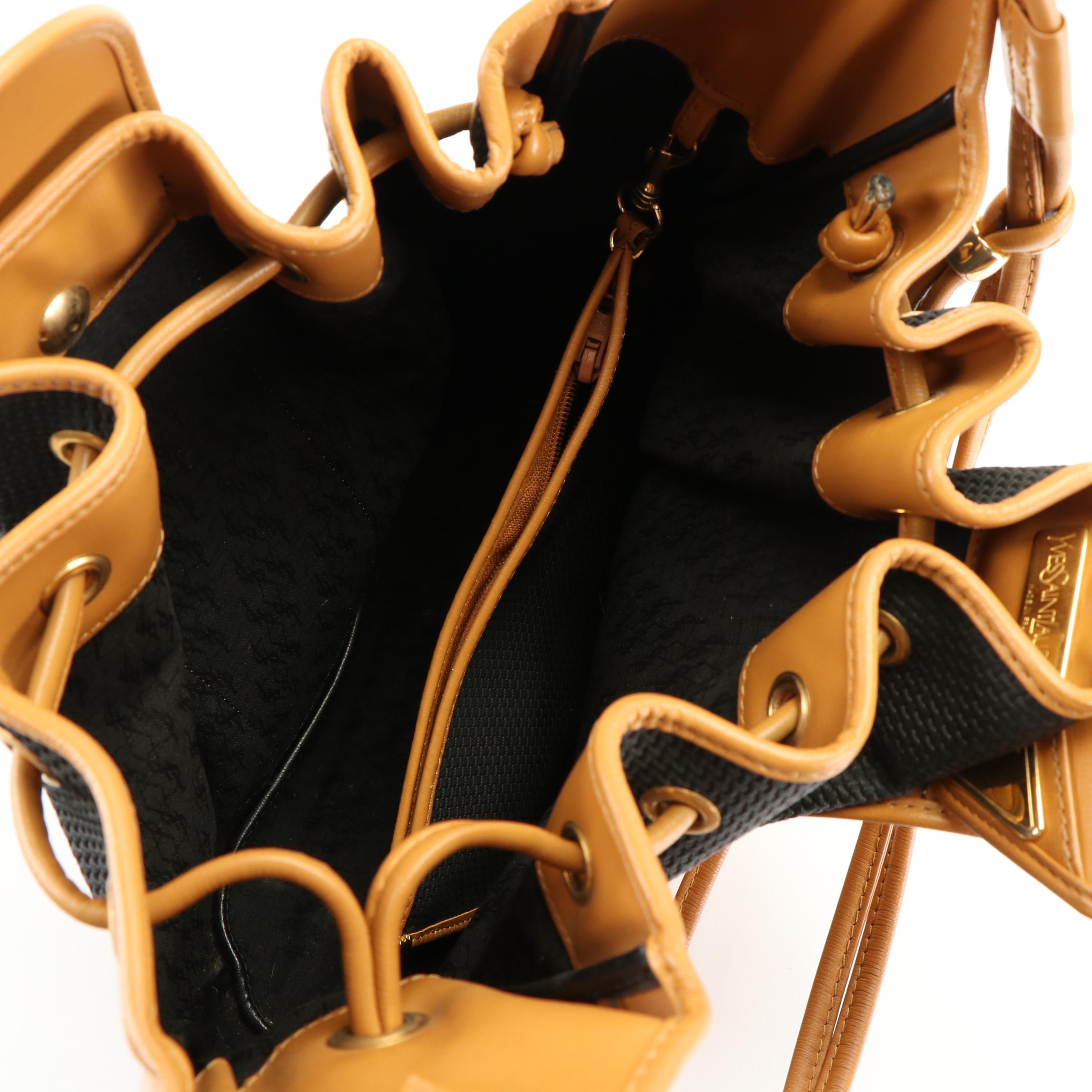 Yves Saint Laurent Bucket Bag in Tan Leather and  Gray Fabric