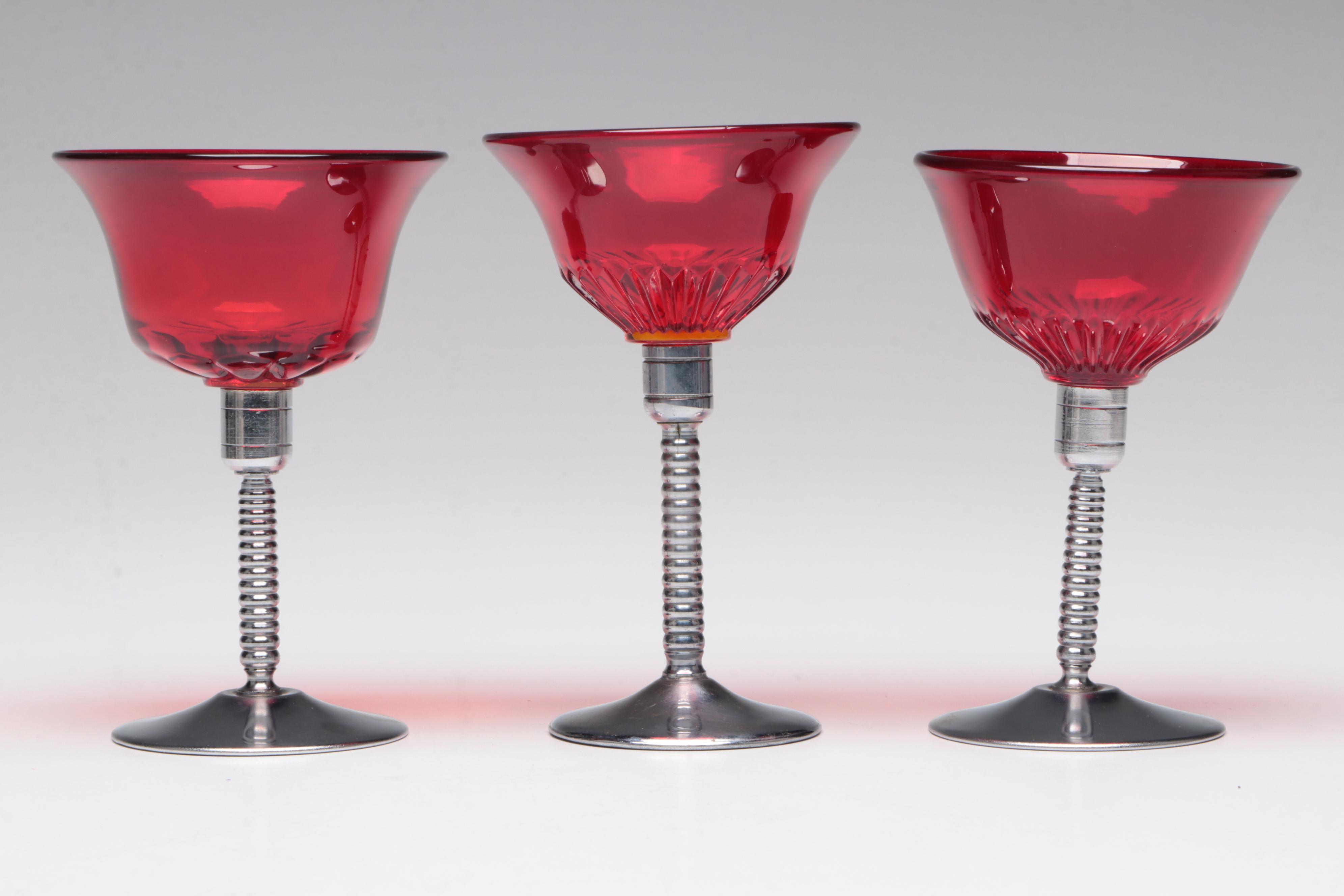 Art Deco Chrome and Acrylic Cocktail Shaker with Ruby Red Cocktail Glasses EBTH