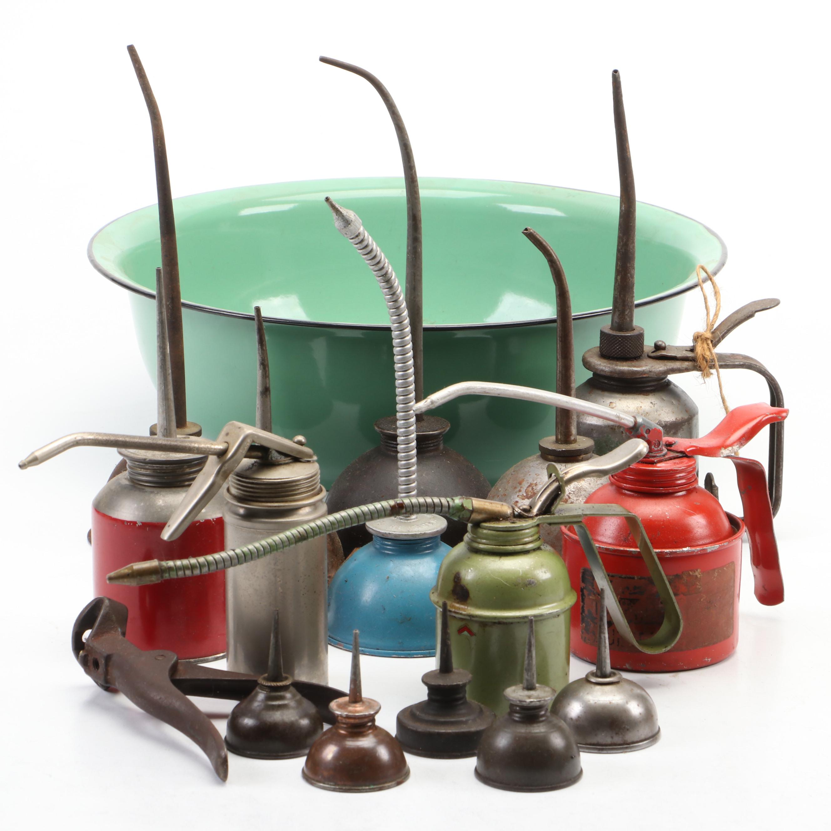 Metal Oil Cans and Enameled Basin