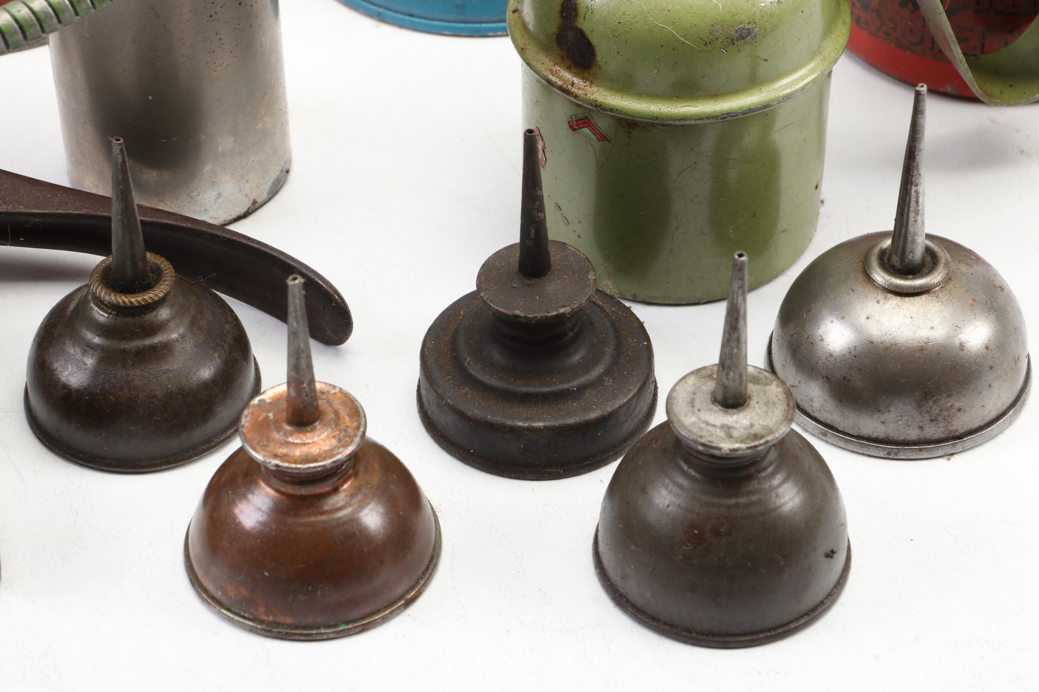 Metal Oil Cans and Enameled Basin