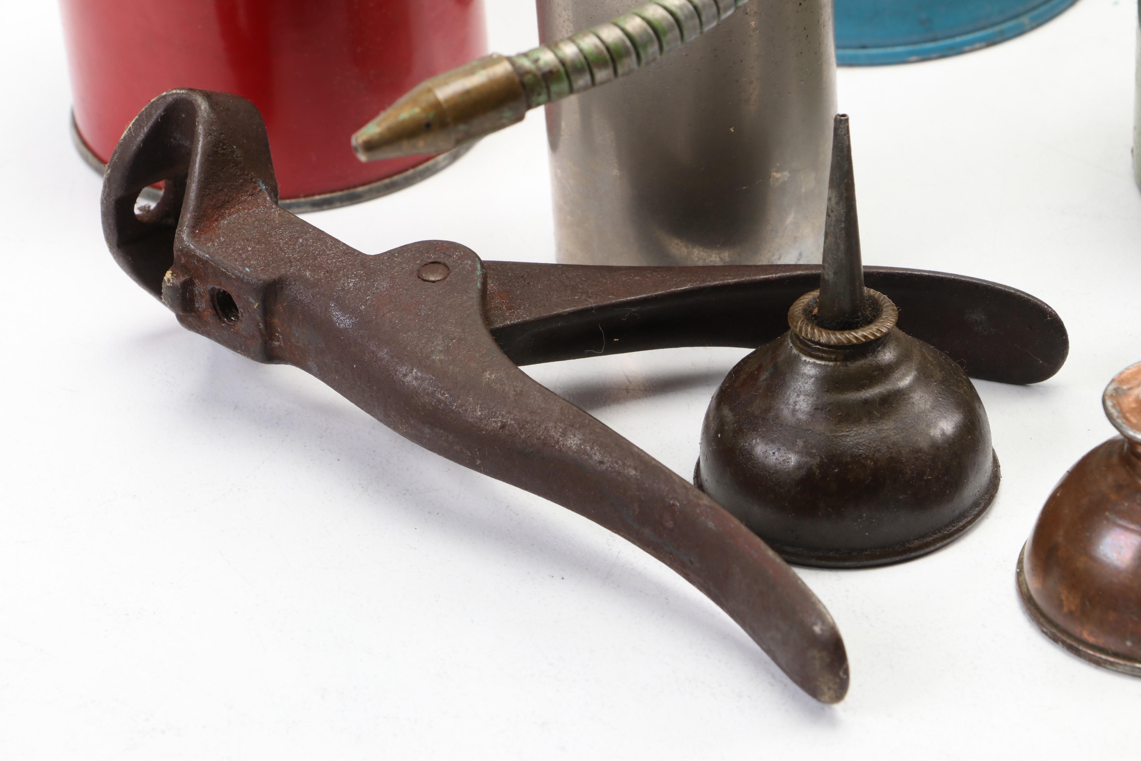 Metal Oil Cans and Enameled Basin