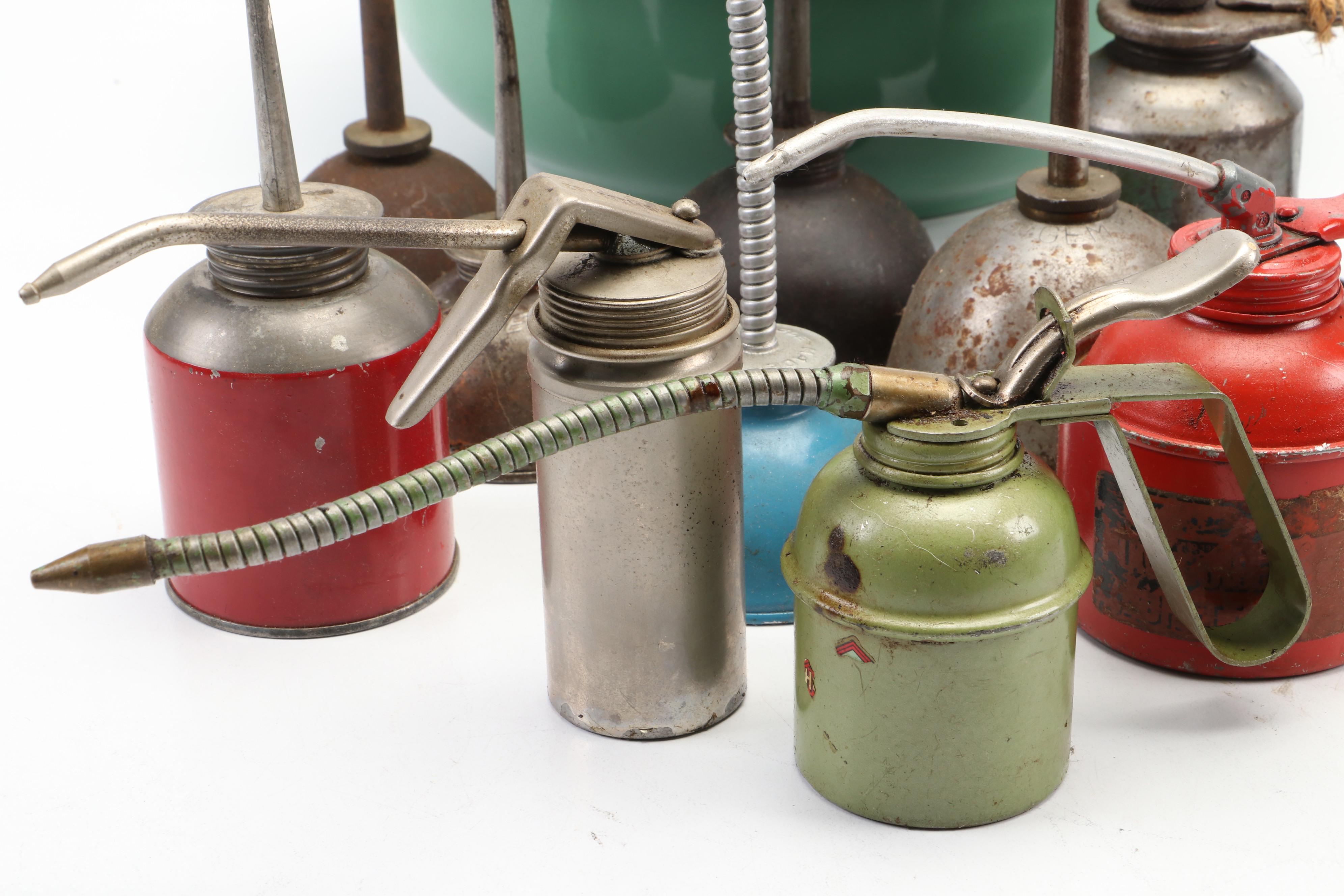 Metal Oil Cans and Enameled Basin