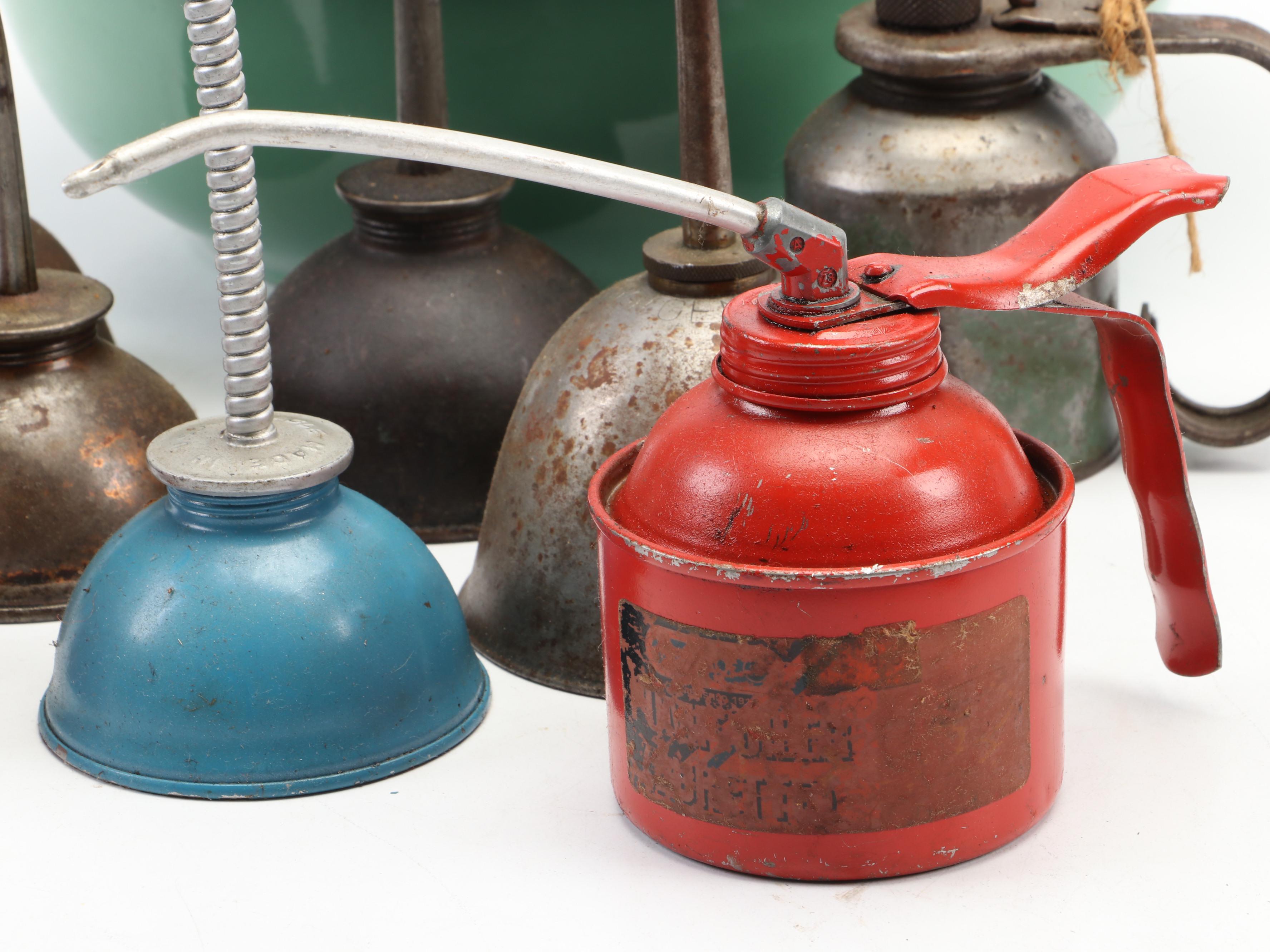 Metal Oil Cans and Enameled Basin