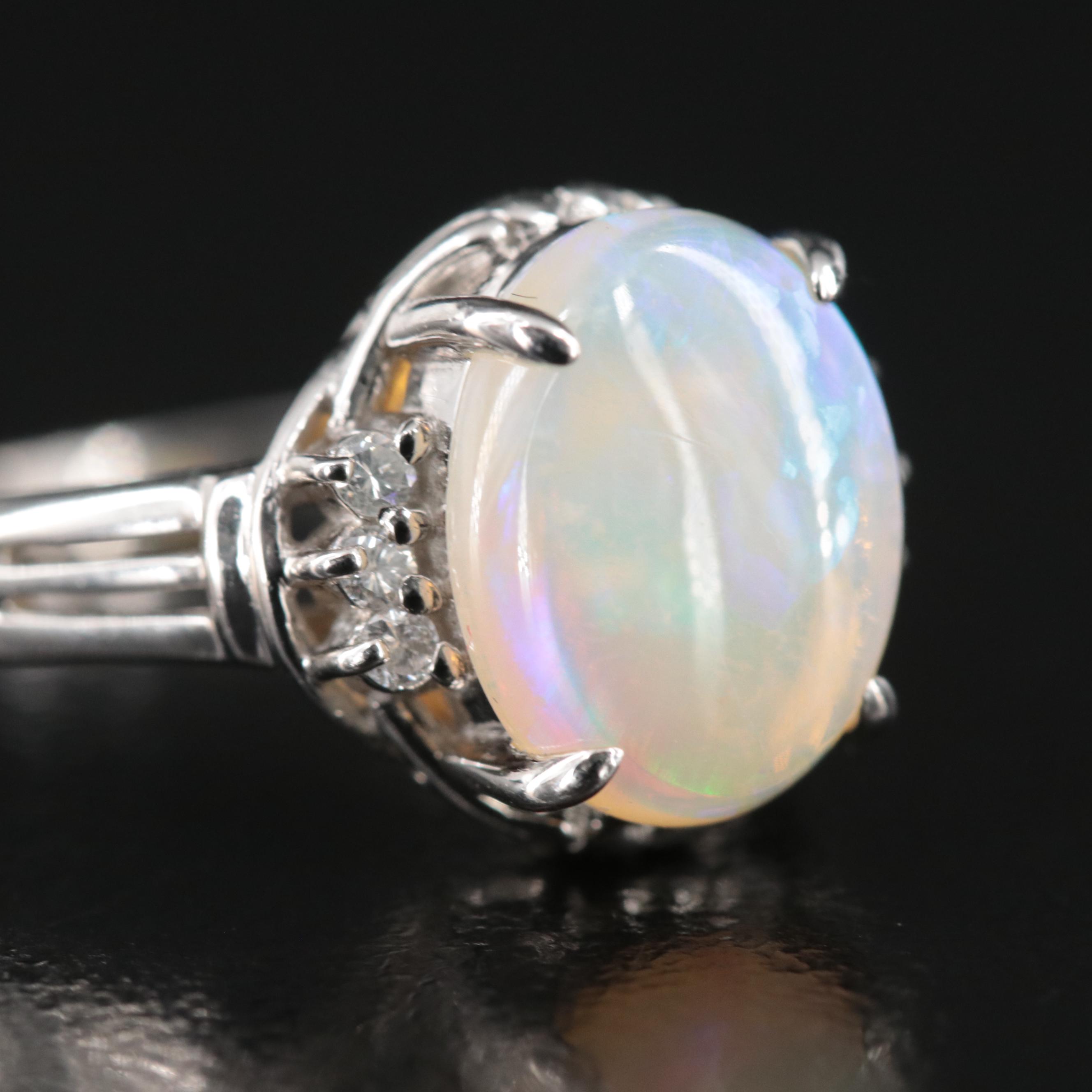Platinum Opal and Diamond Ring