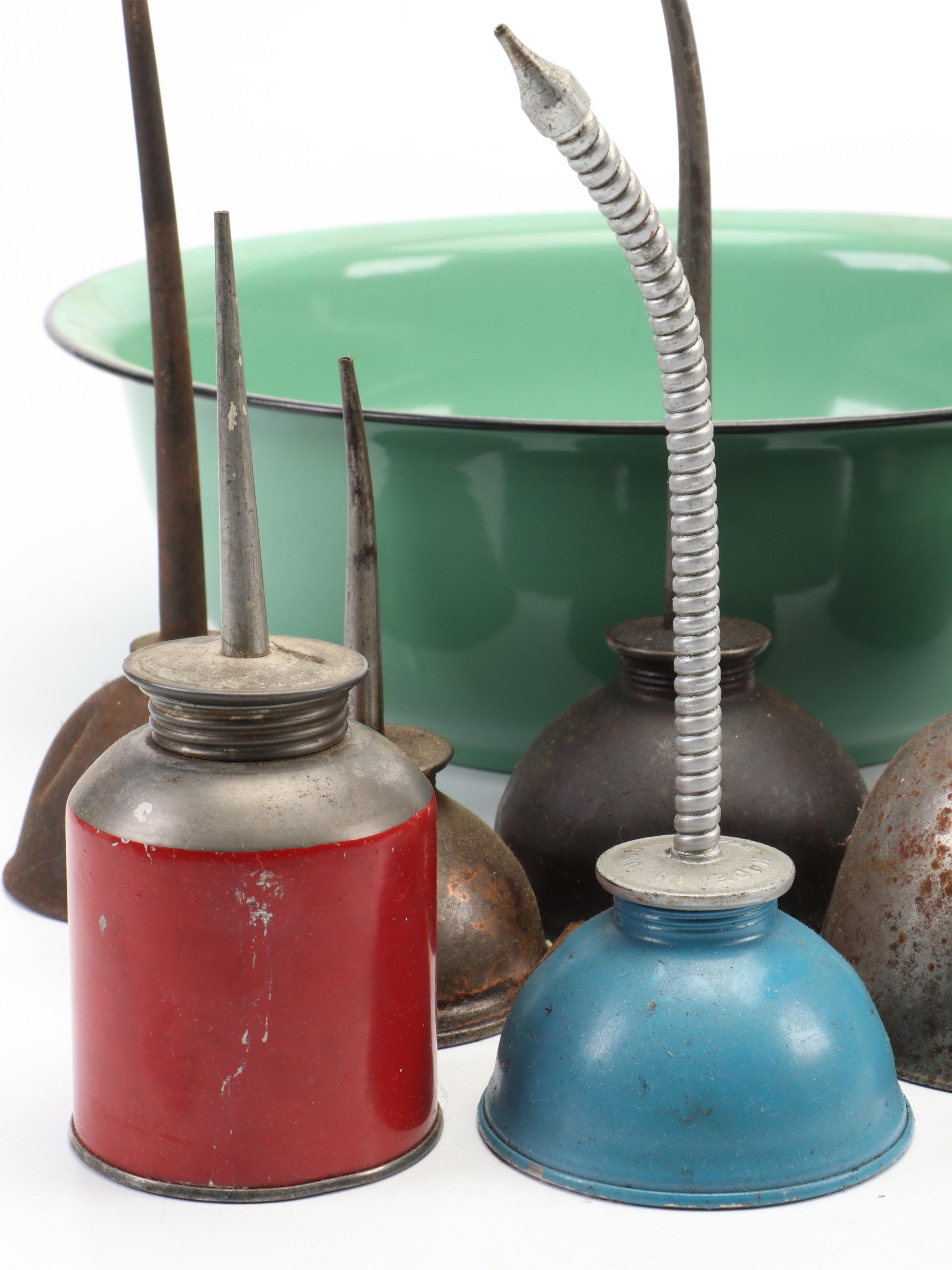 Metal Oil Cans and Enameled Basin