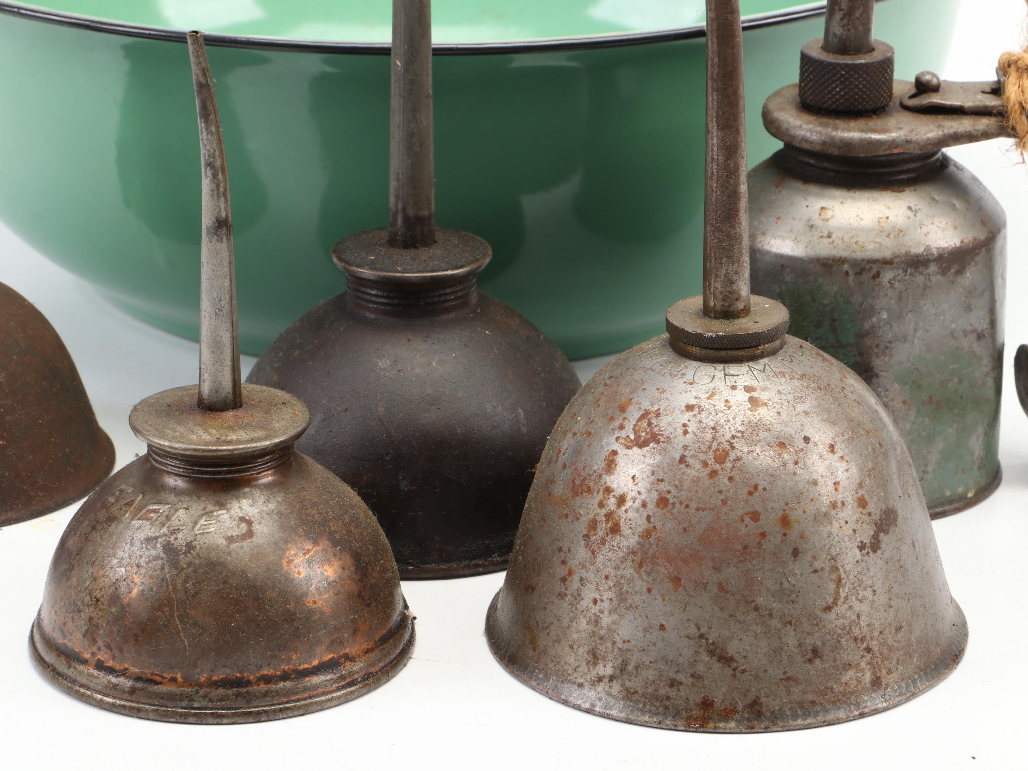 Metal Oil Cans and Enameled Basin
