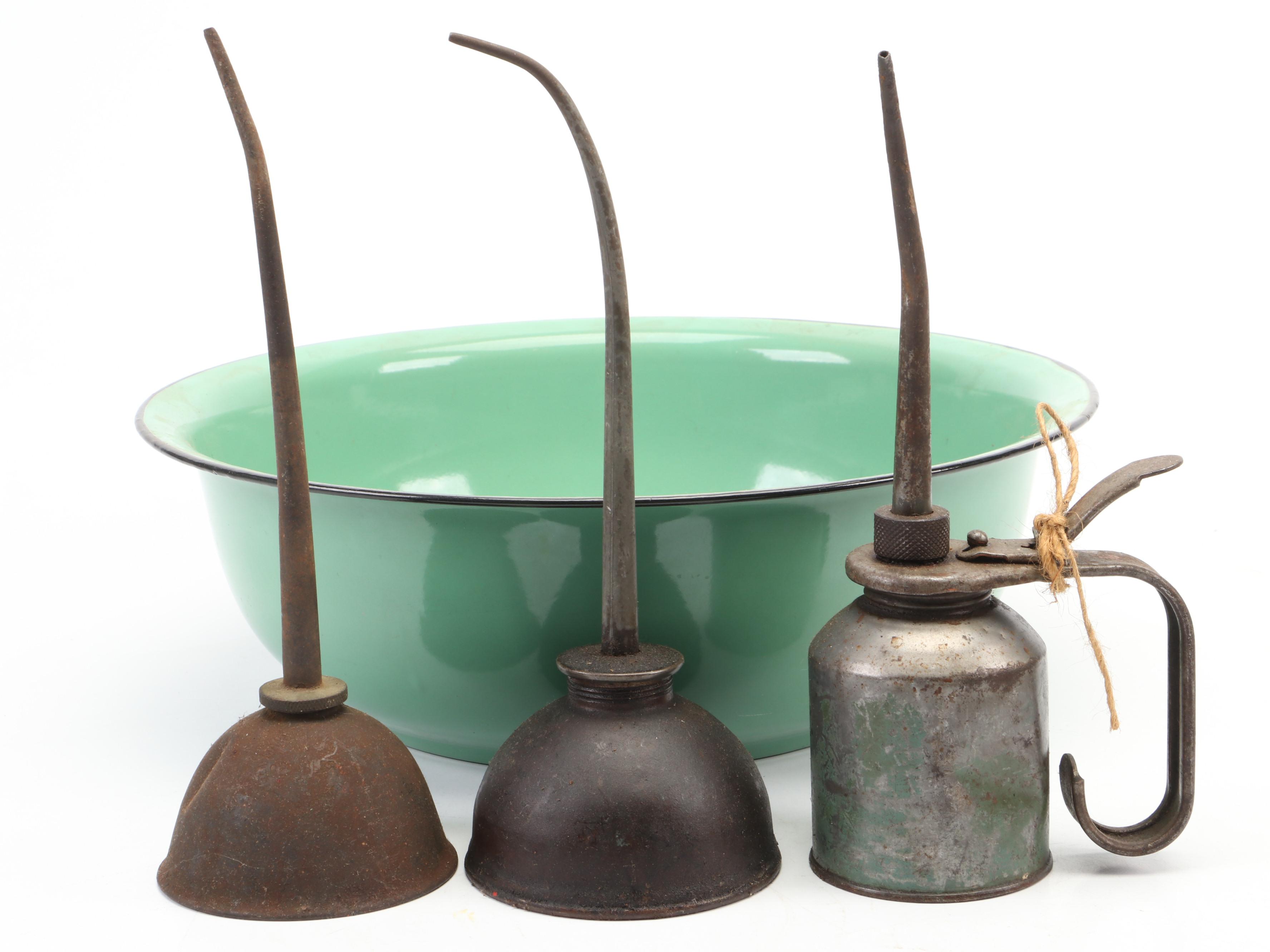Metal Oil Cans and Enameled Basin