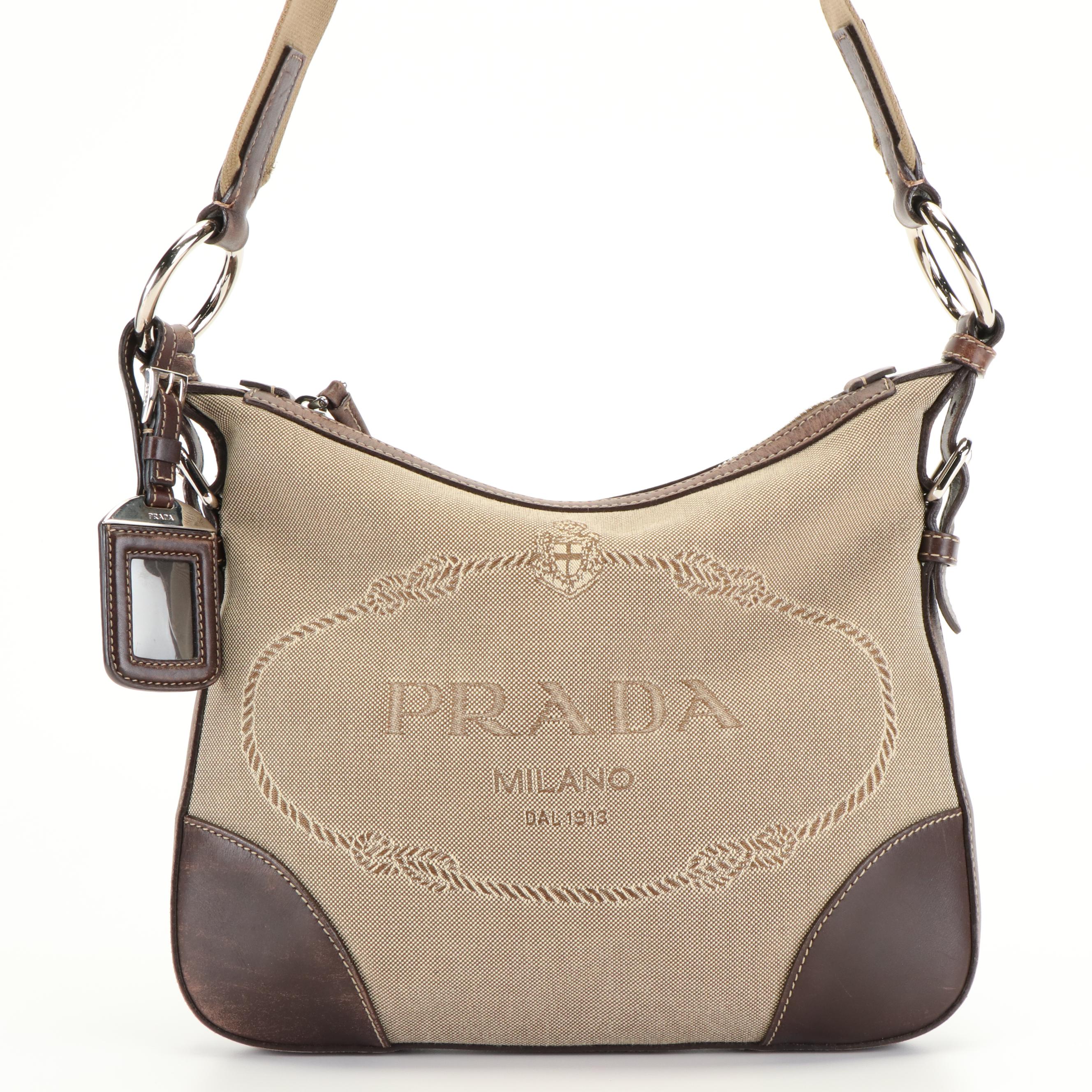 Prada Logo Jacquard Canapa Shoulder Bag