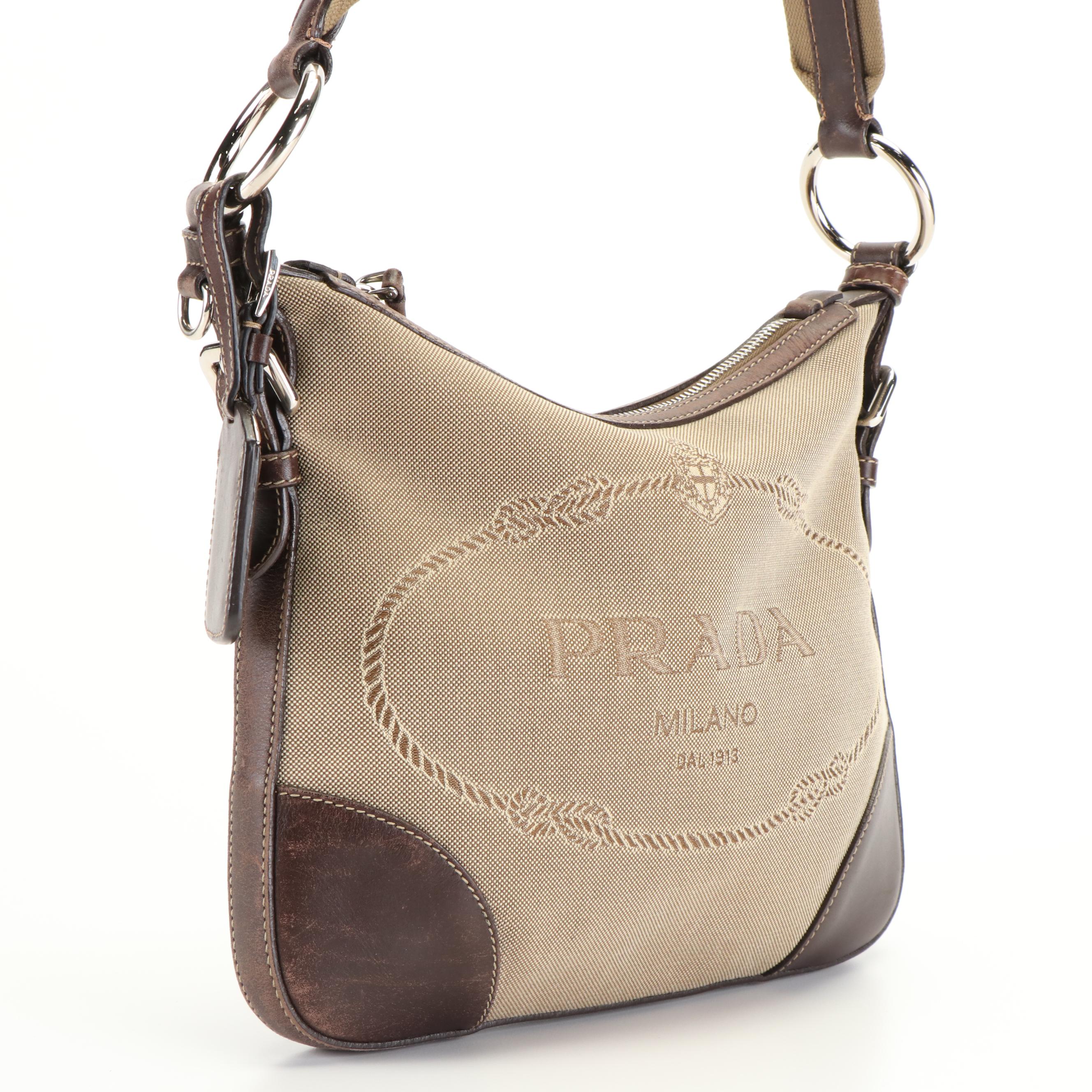 Prada Logo Jacquard Canapa Shoulder Bag