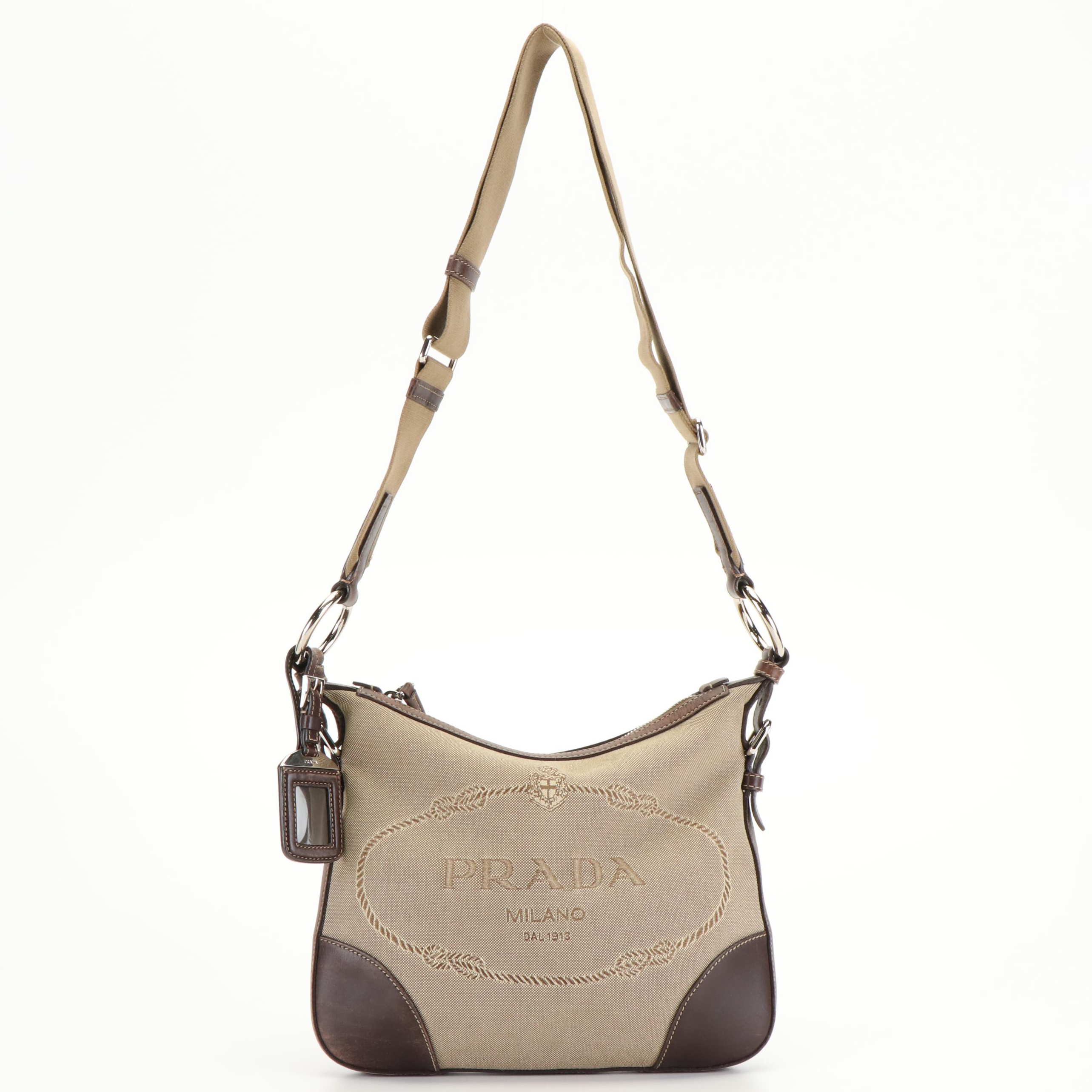 Prada Logo Jacquard Canapa Shoulder Bag