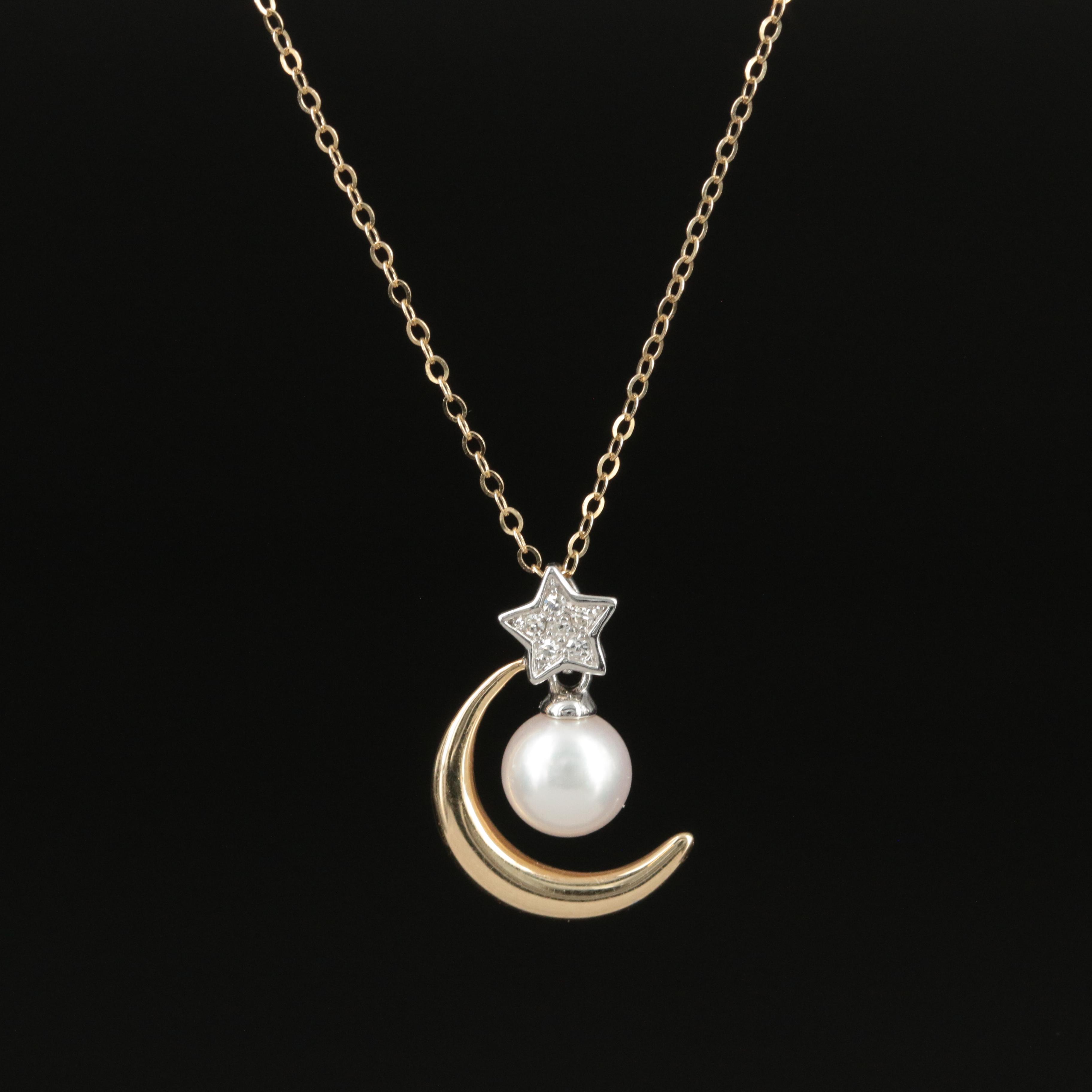 14K Crescent Moon and Star Pearl and Diamond Pendant Necklace