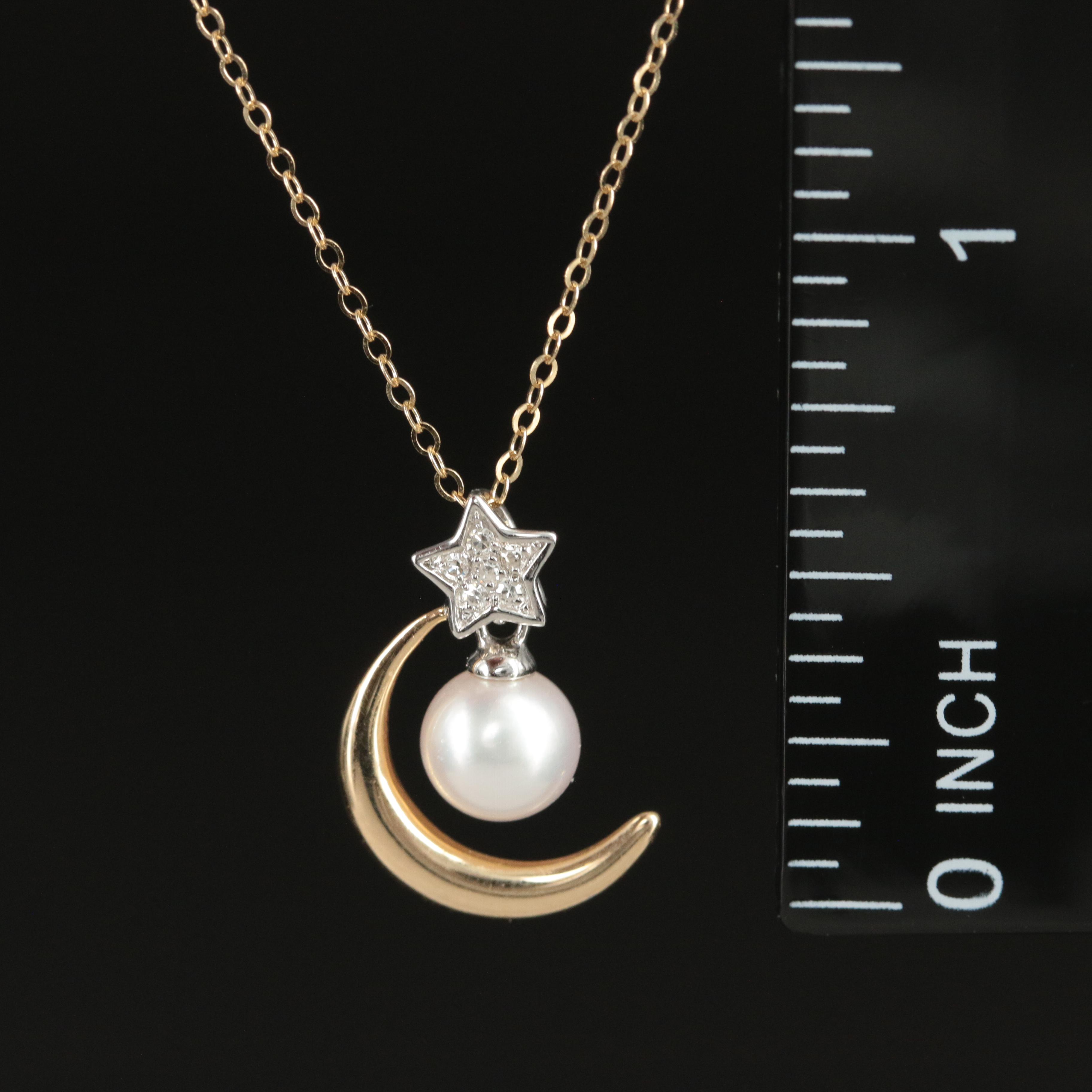 14K Crescent Moon and Star Pearl and Diamond Pendant Necklace