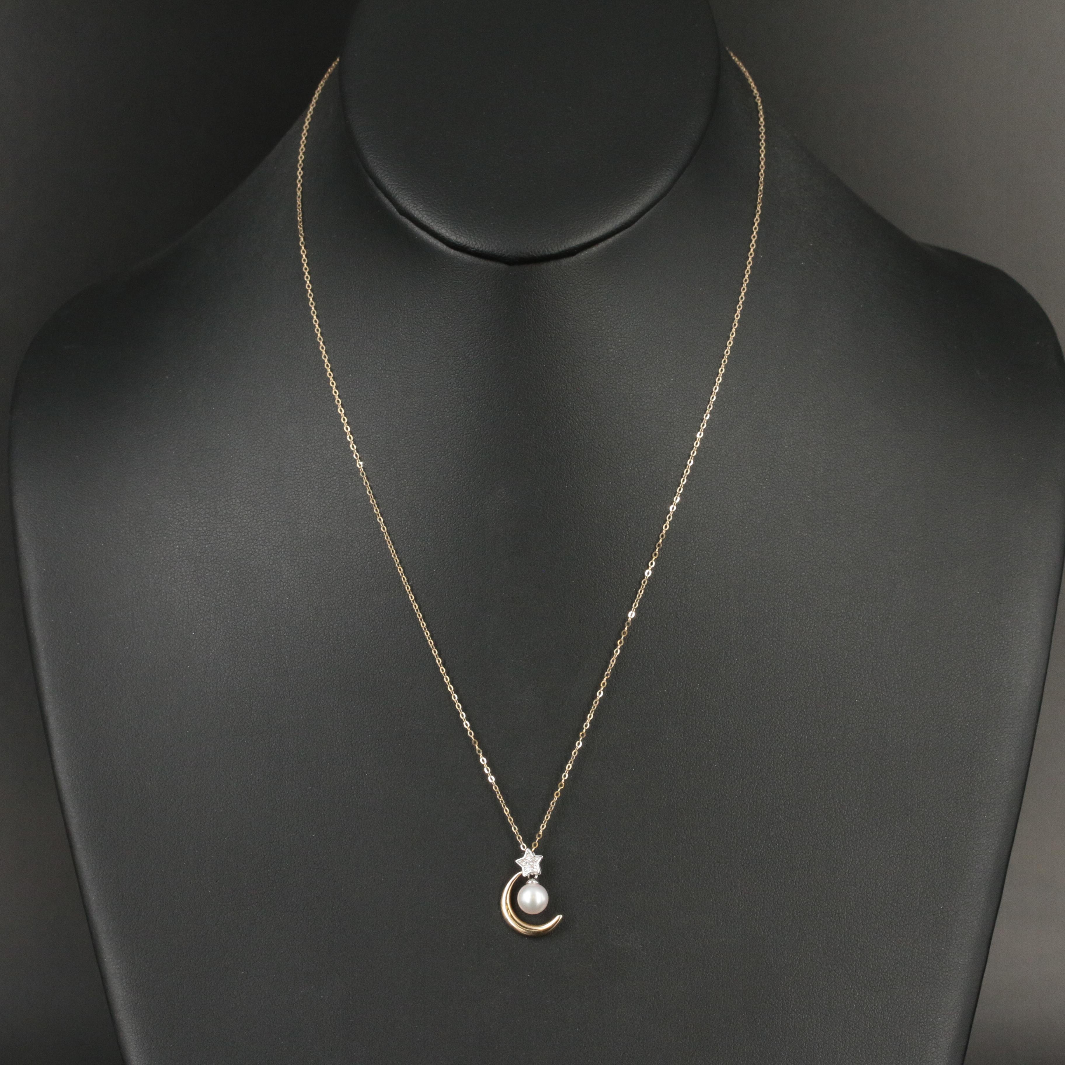 14K Crescent Moon and Star Pearl and Diamond Pendant Necklace