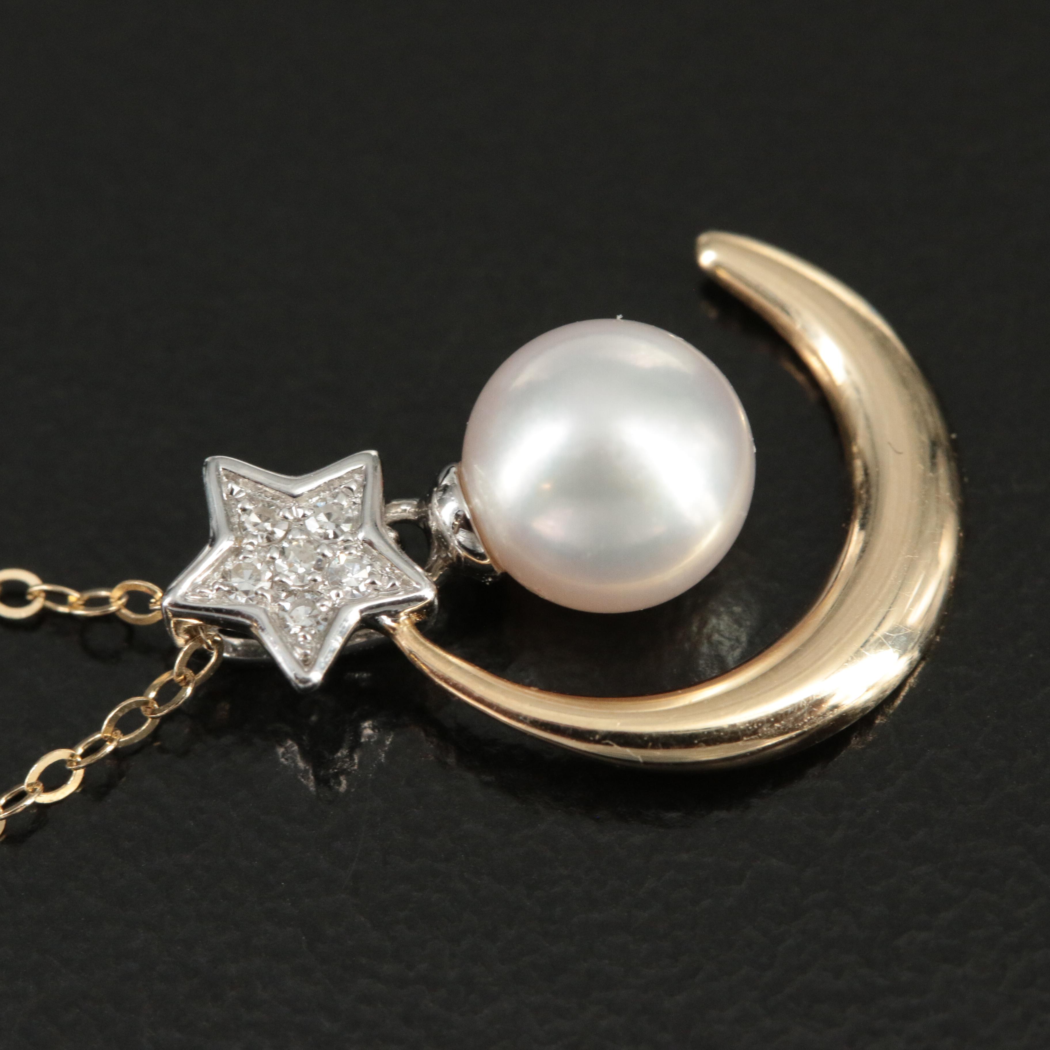 14K Crescent Moon and Star Pearl and Diamond Pendant Necklace