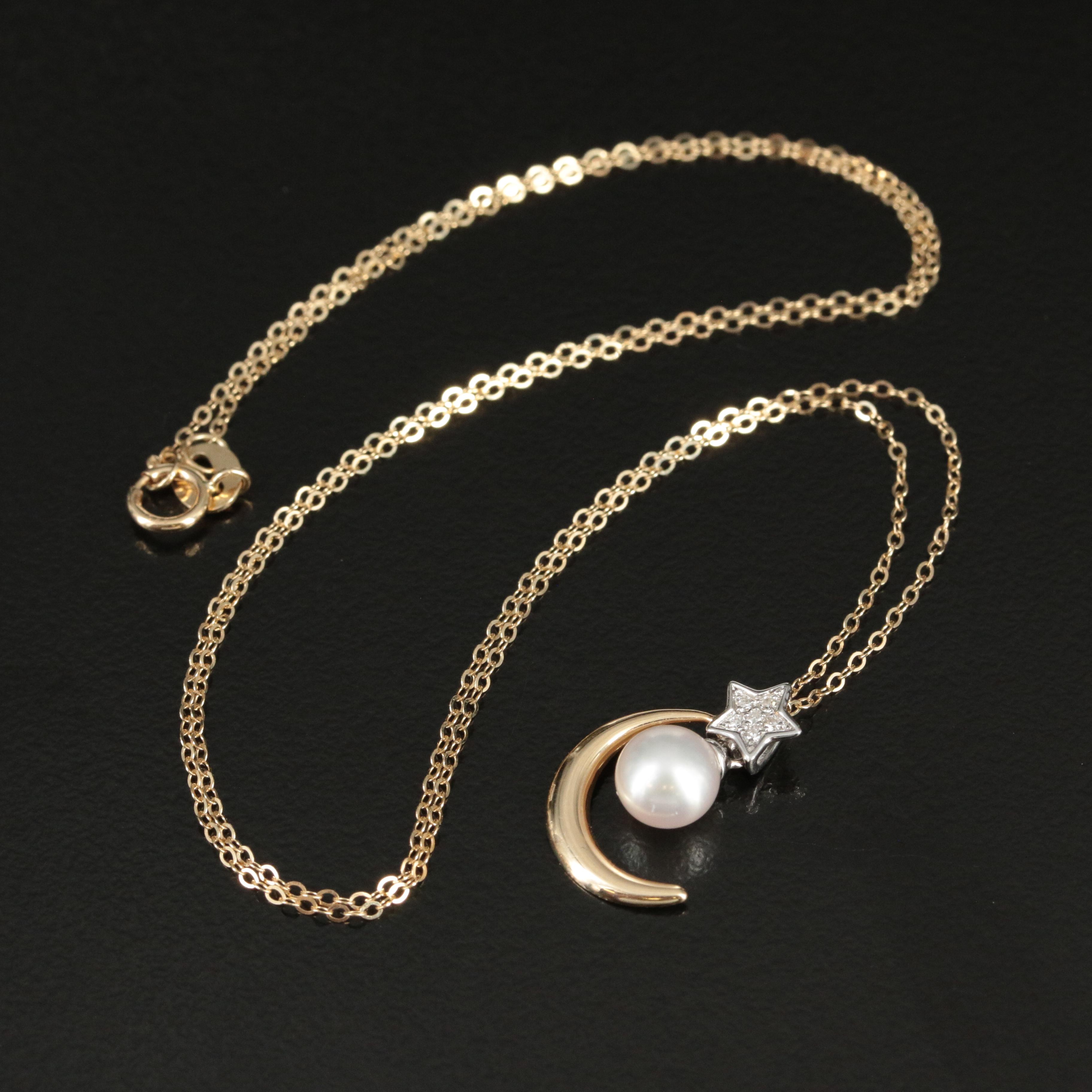 14K Crescent Moon and Star Pearl and Diamond Pendant Necklace