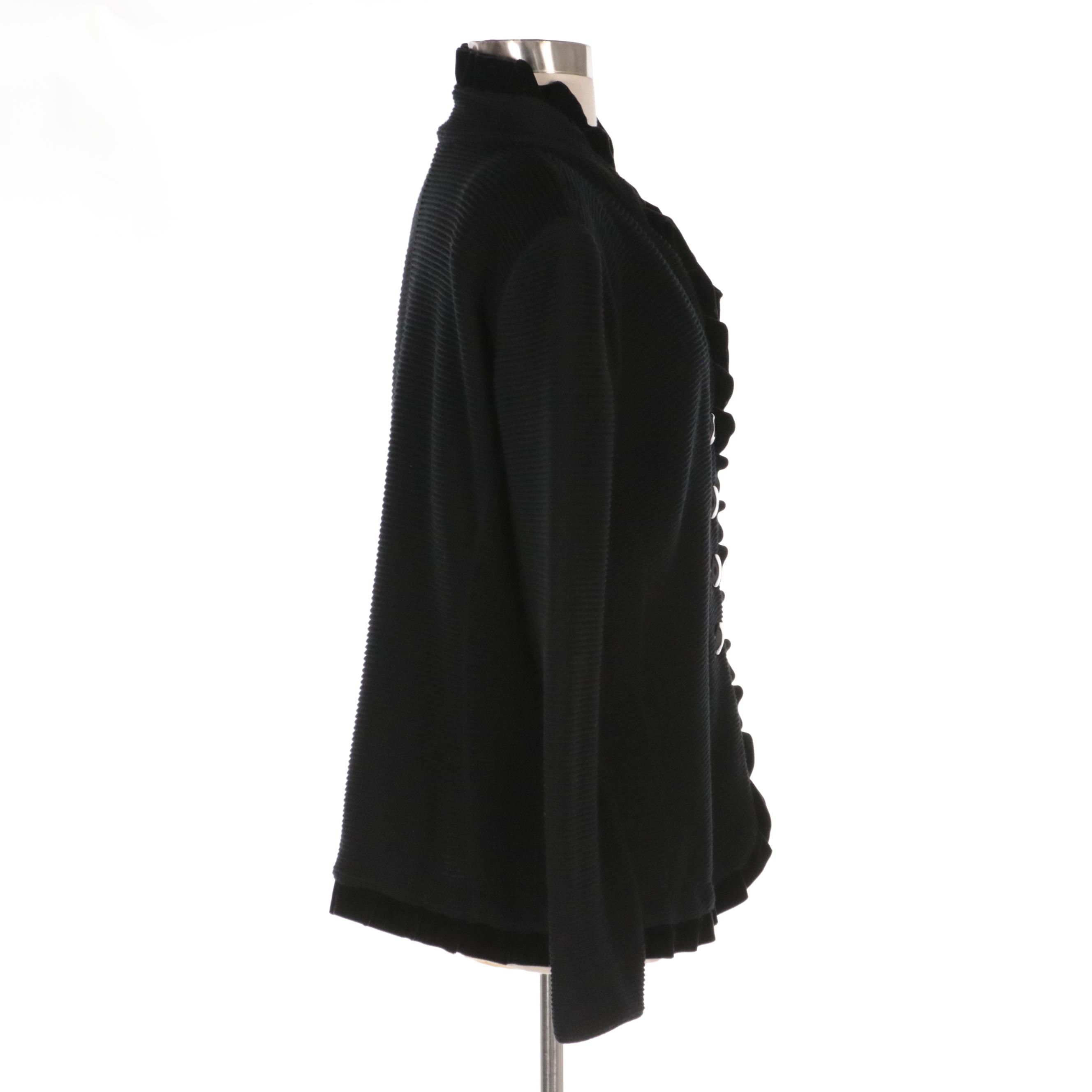 Armani Collezioni Black Knit Jacket with Pleated Ruffle Velvet Trim, NWT