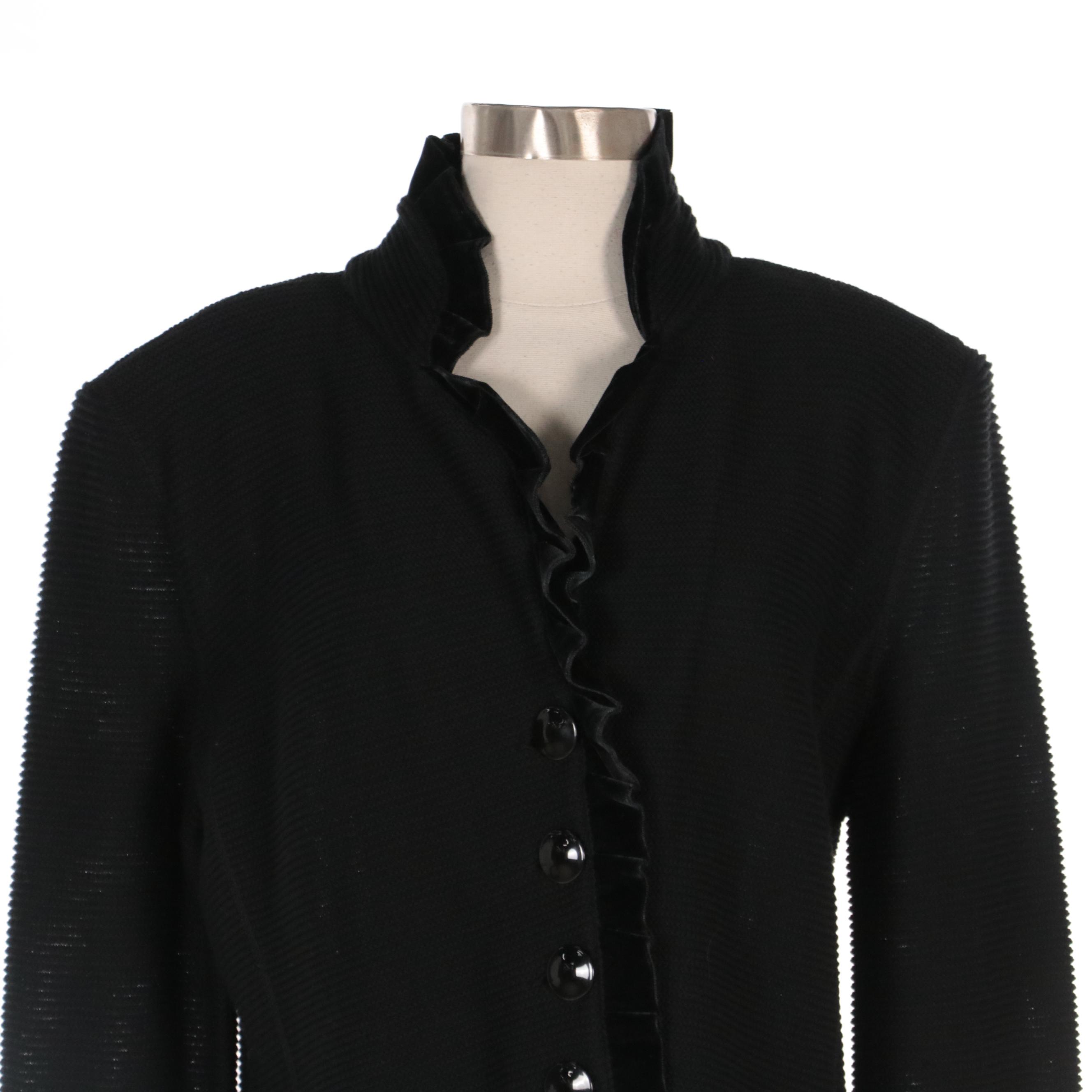Armani Collezioni Black Knit Jacket with Pleated Ruffle Velvet Trim, NWT