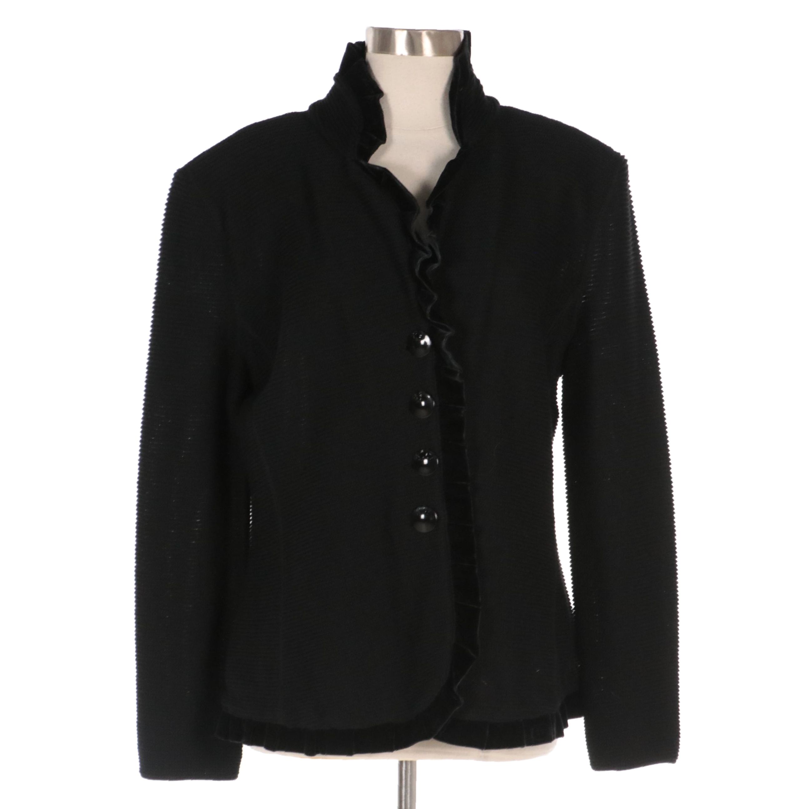 Armani Collezioni Black Knit Jacket with Pleated Ruffle Velvet Trim, NWT