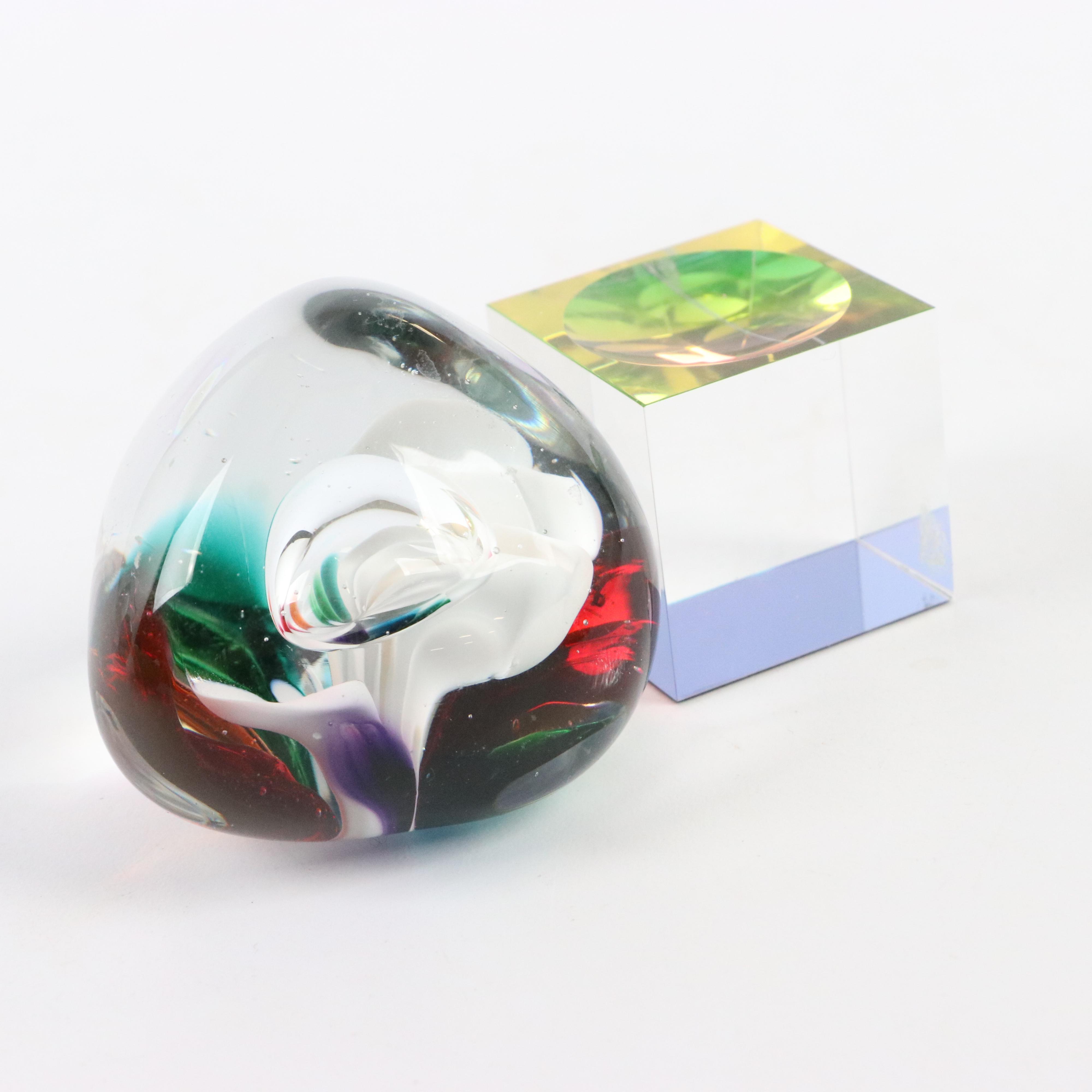 Signed Glass Paperweight, Marble and Seal Paperweights, Cube and Bowl