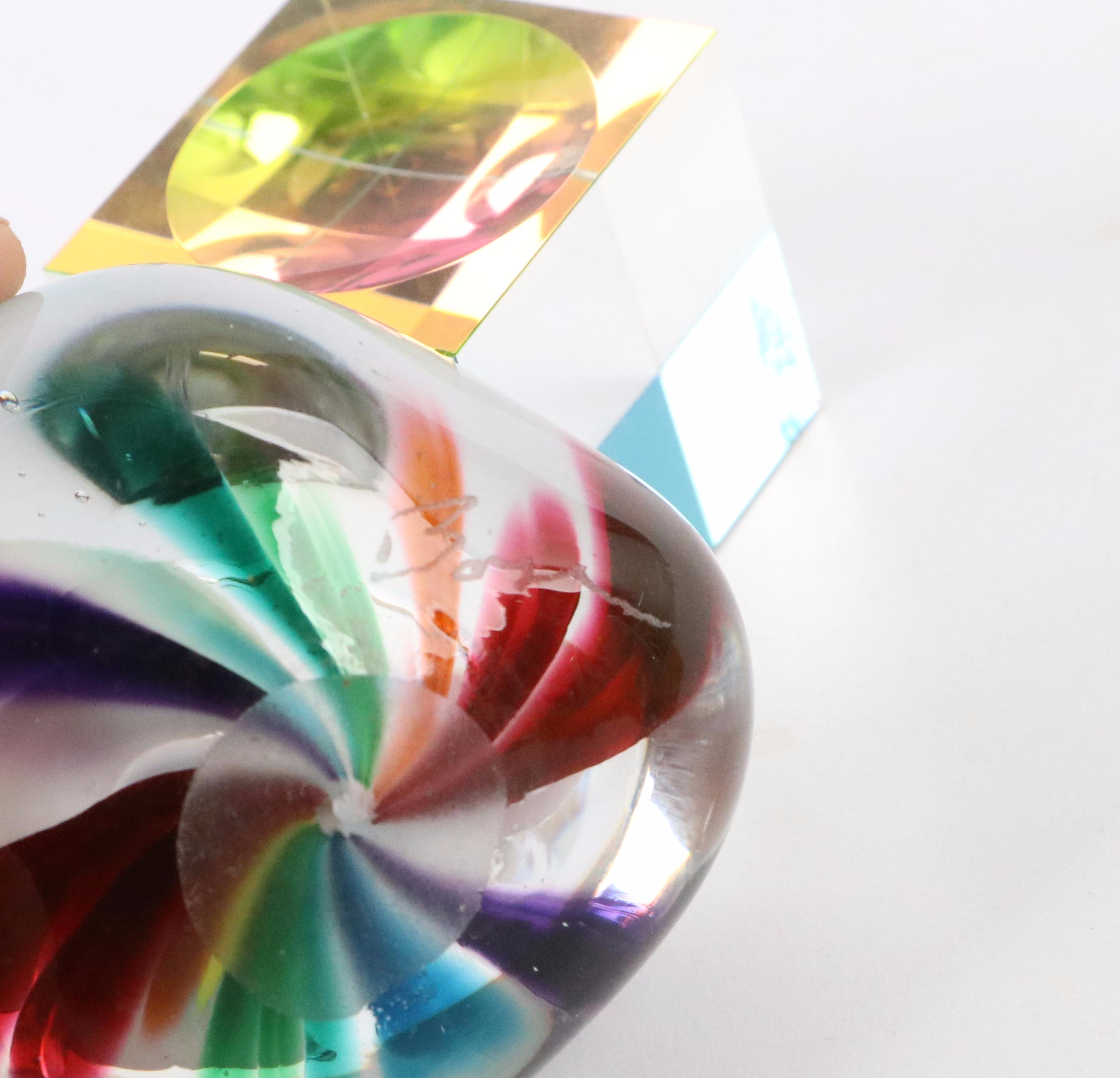 Signed Glass Paperweight, Marble and Seal Paperweights, Cube and Bowl