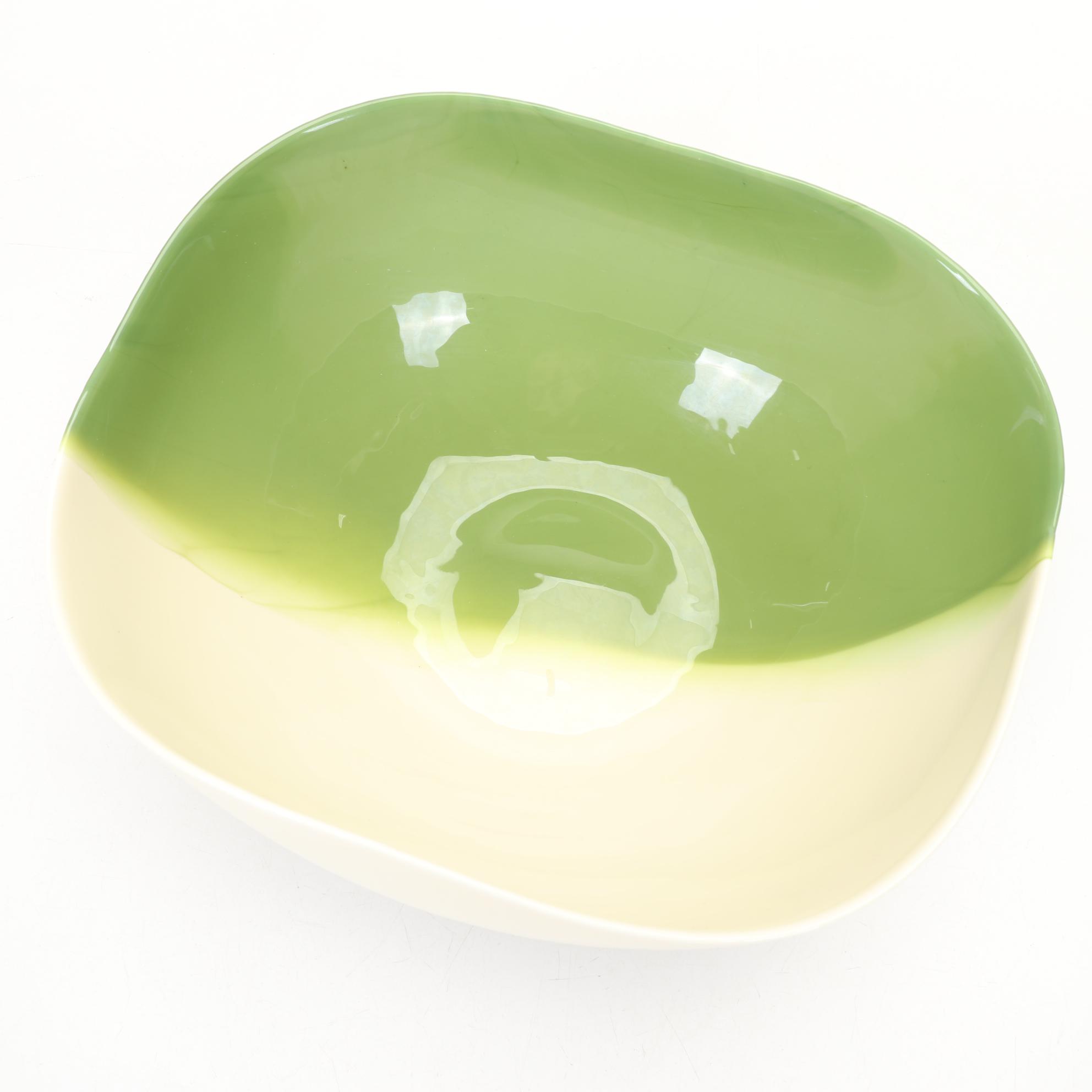 Trio of Green and Cream Art Glass Bowls