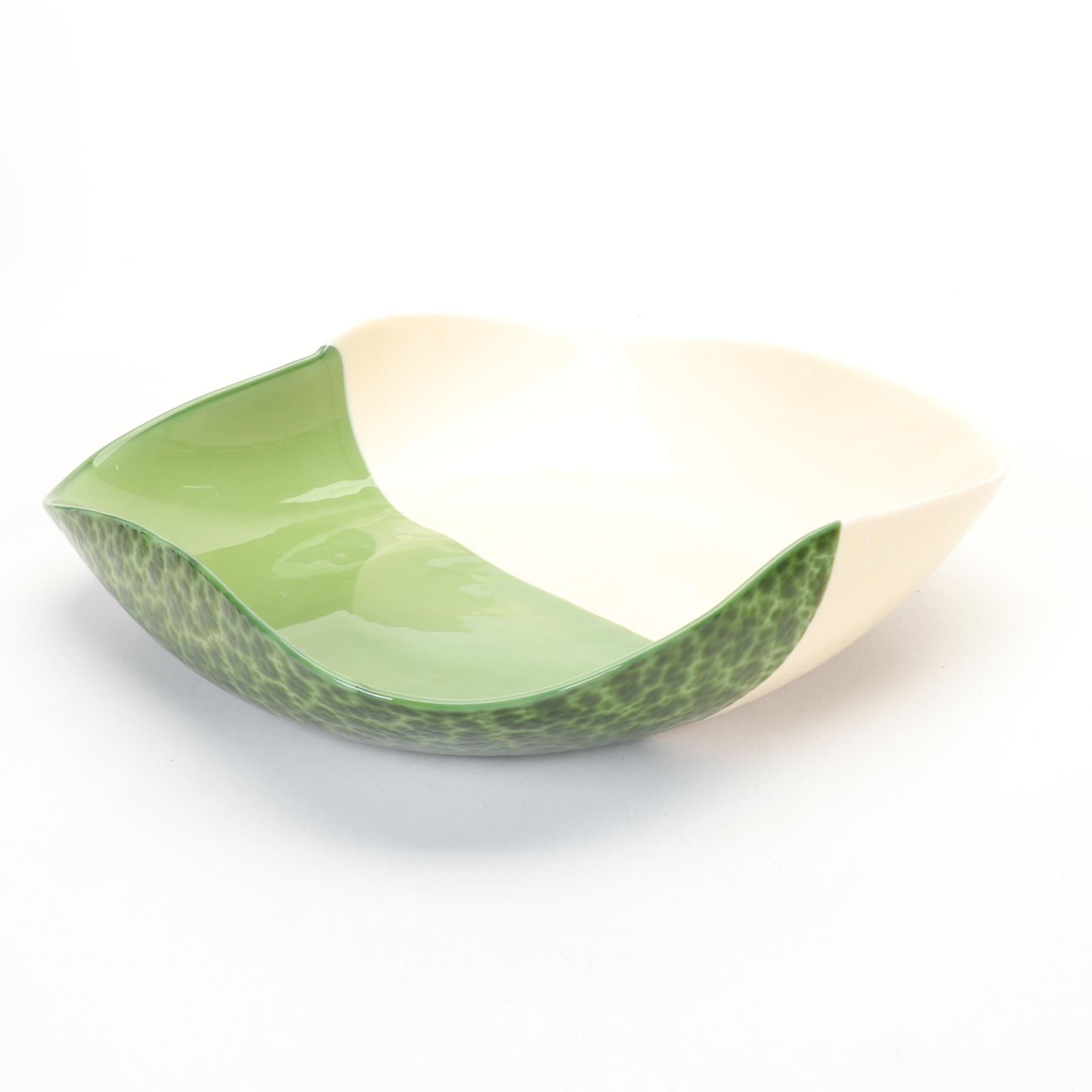 Trio of Green and Cream Art Glass Bowls