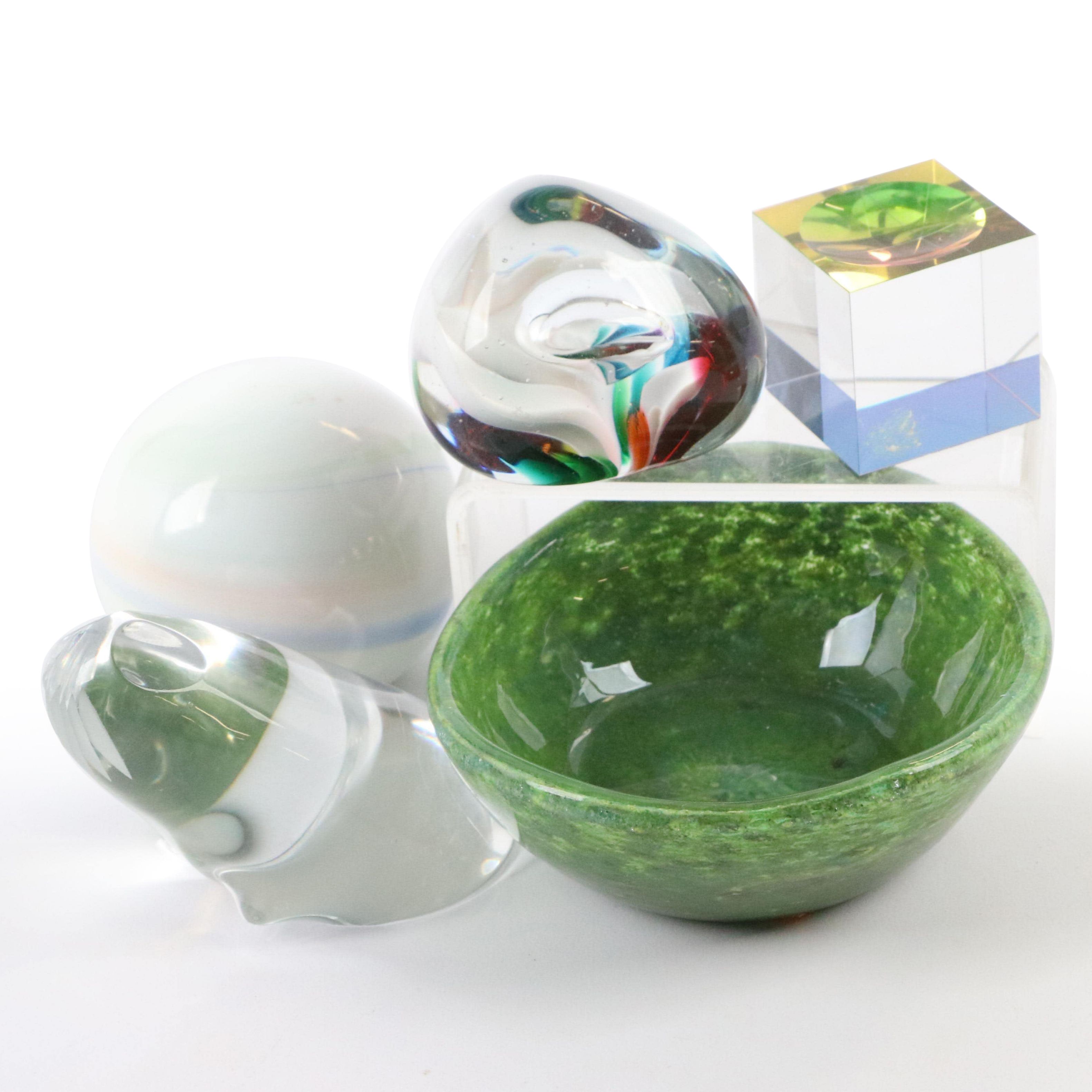 Signed Glass Paperweight, Marble and Seal Paperweights, Cube and Bowl