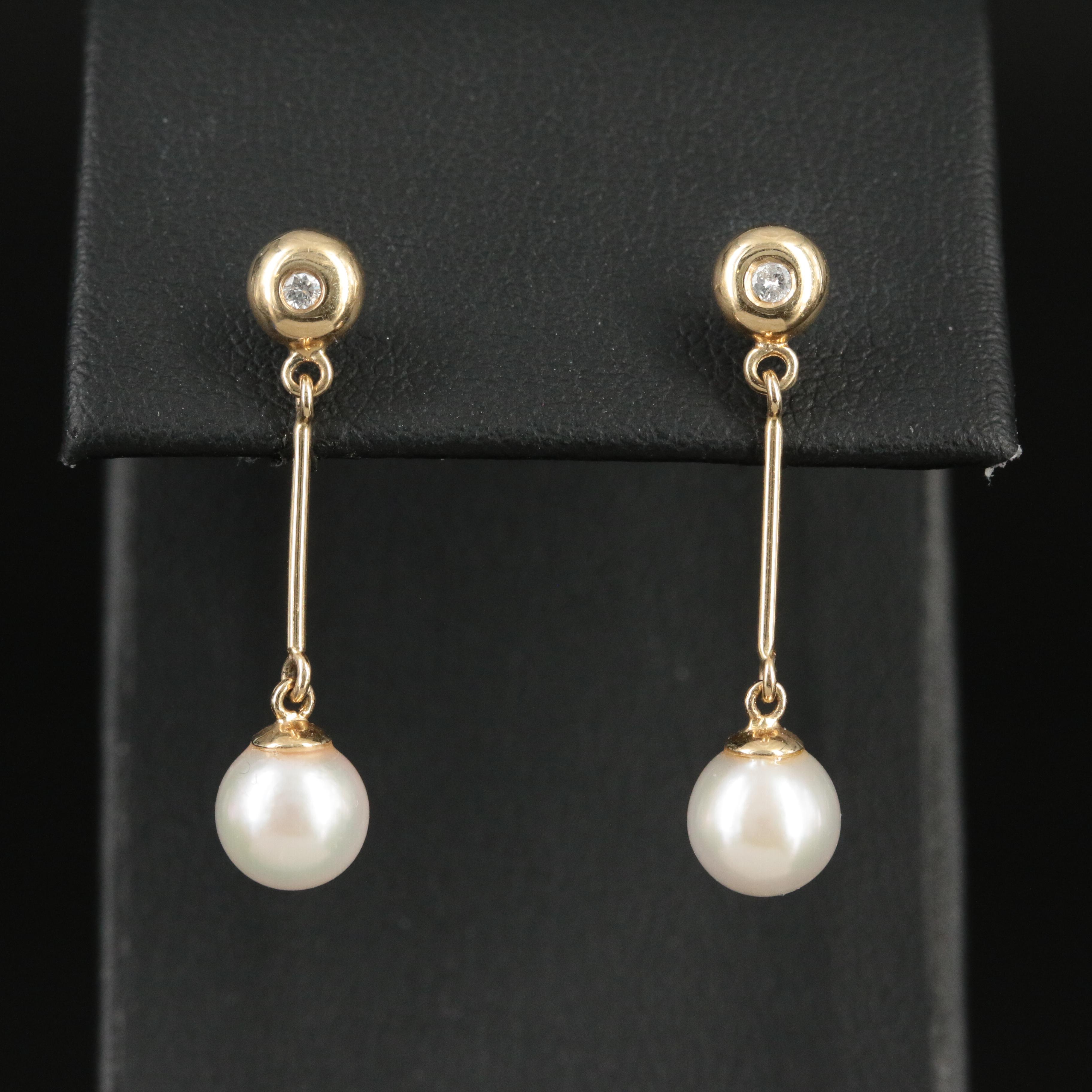 14K Pearl and Diamond Dangle Earrings