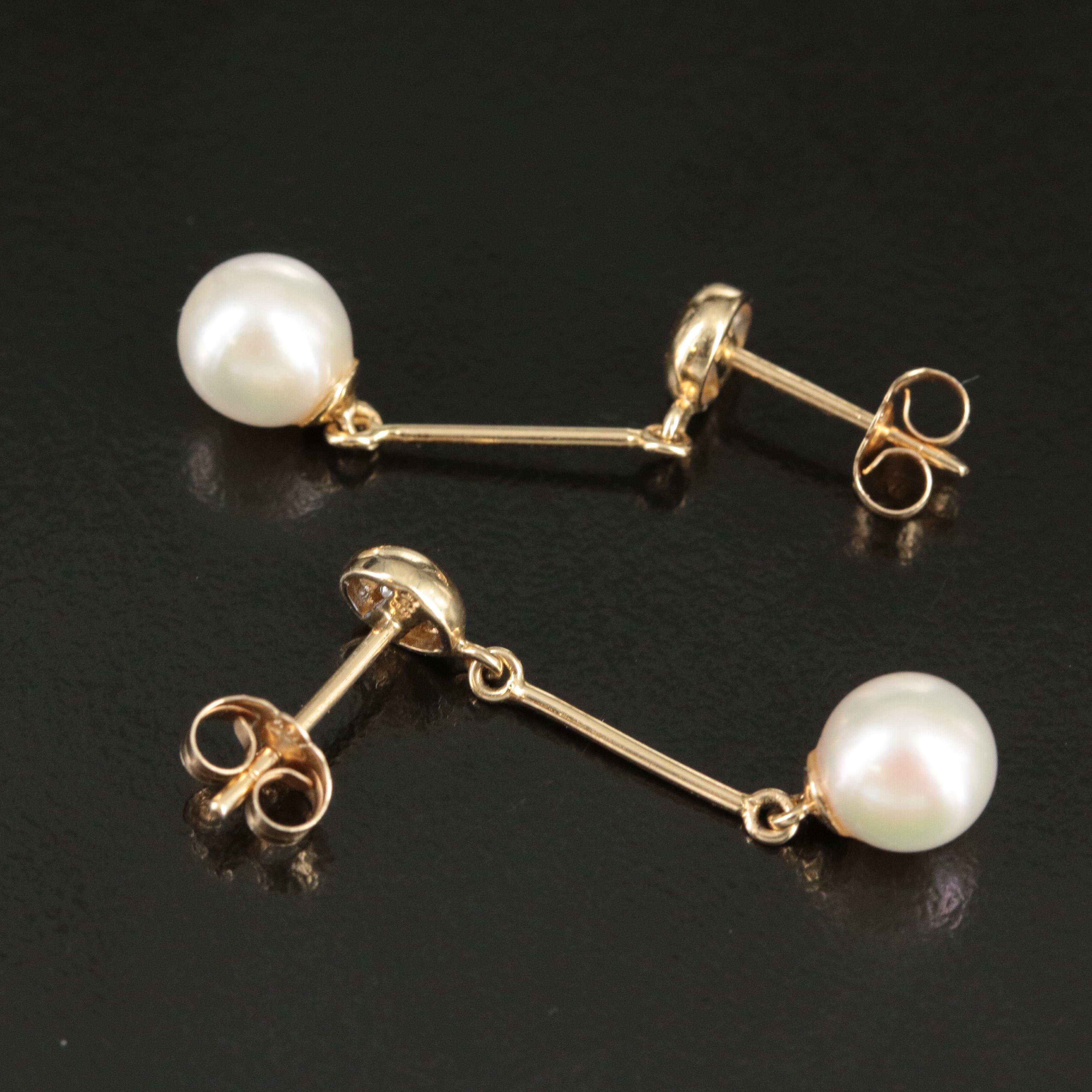 14K Pearl and Diamond Dangle Earrings