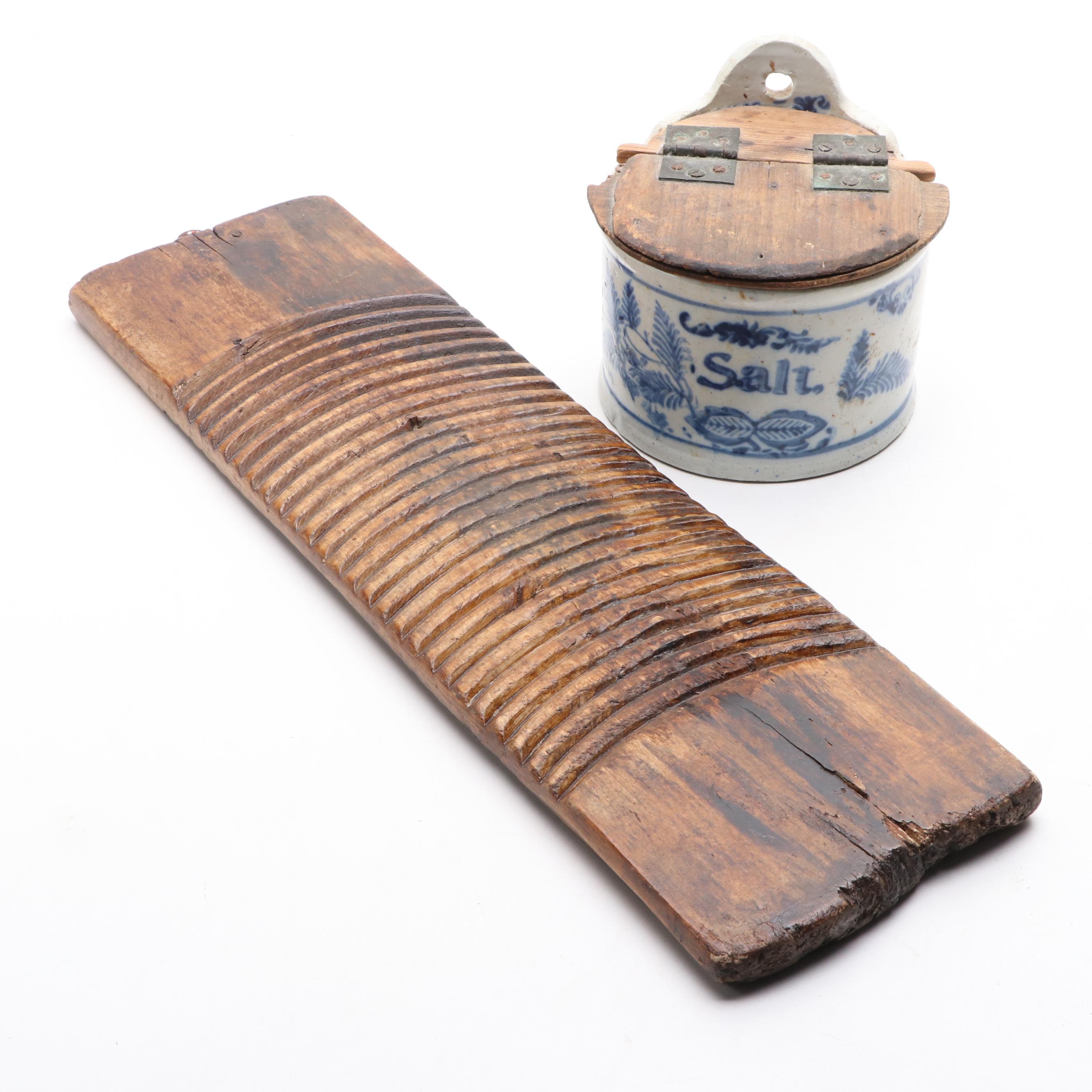 Blue and White Stoneware Salt Box with Wooden Top and Decorative Scrubbing Board