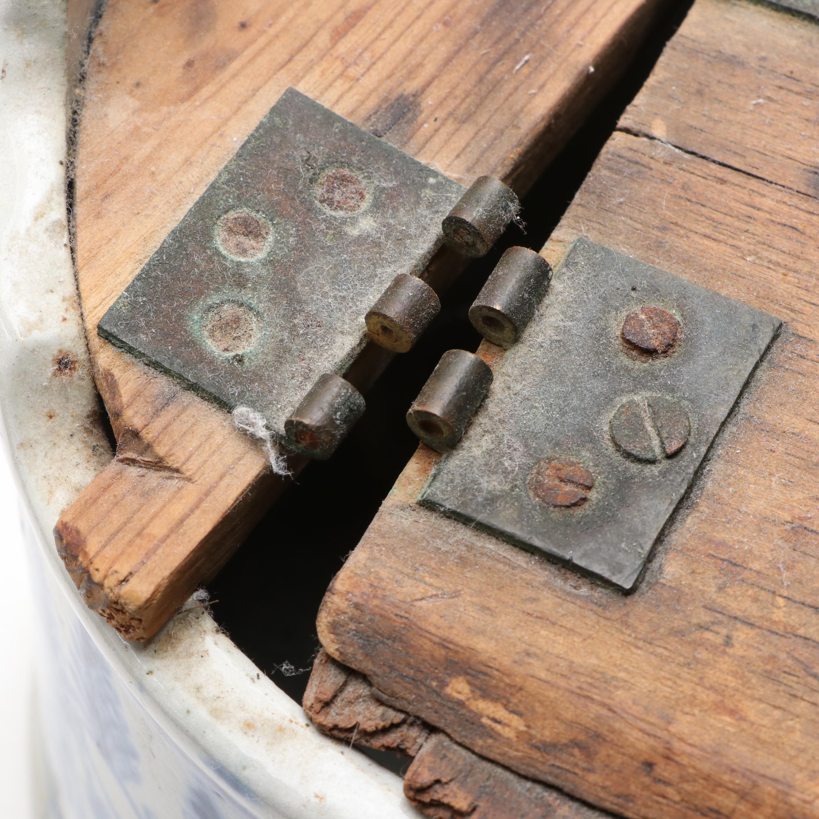 Blue and White Stoneware Salt Box with Wooden Top and Decorative Scrubbing Board