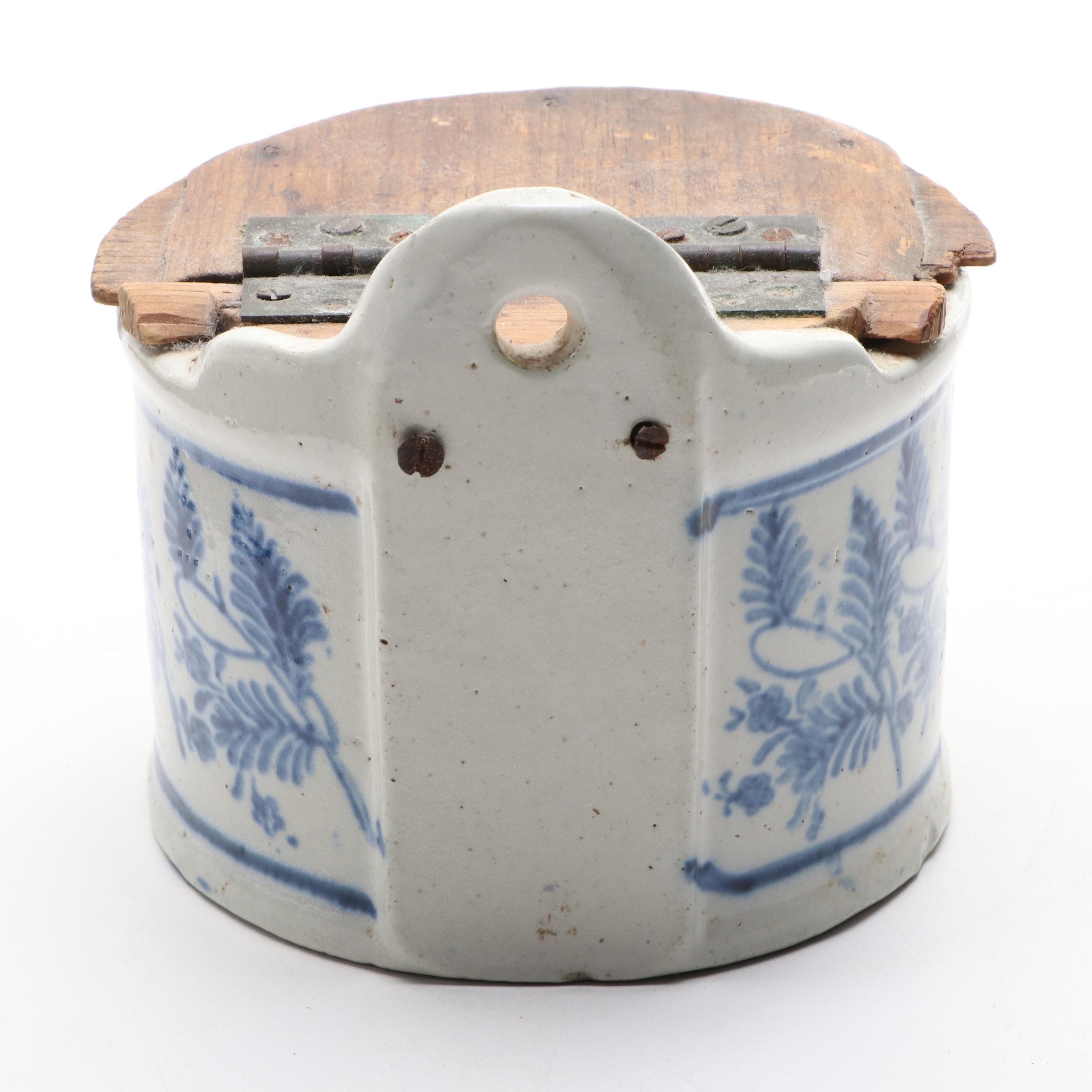 Blue and White Stoneware Salt Box with Wooden Top and Decorative Scrubbing Board